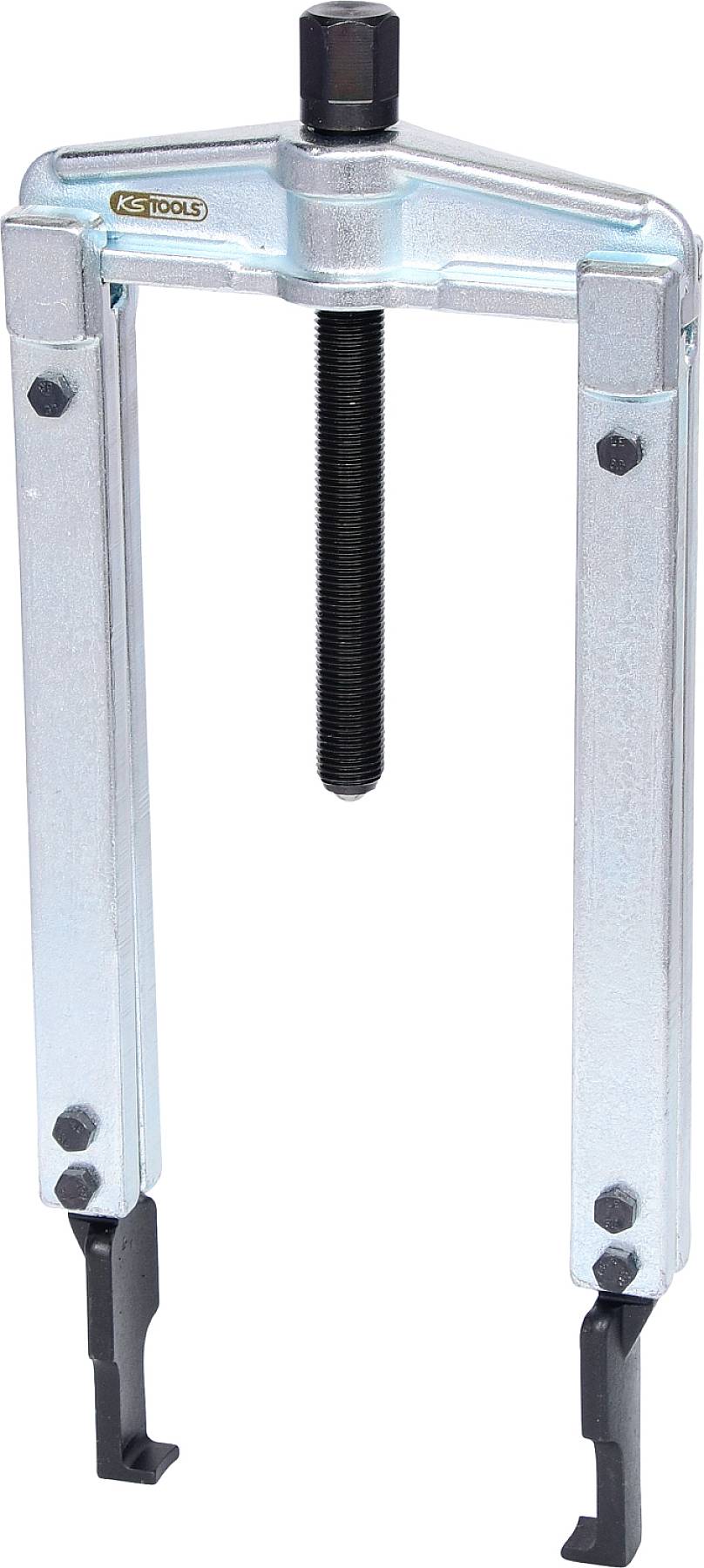 Zweibeiniger Abzieher aus Metall mit schwarzer Spindel, oft für das Entfernen von Lagern oder Zahnrädern in Maschinen verwendet.