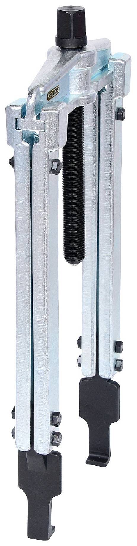Ein dreiteiliges Abziehwerkzeug mit silbernem Metallkörper und schwarzer Schraube, verwendet zum Entfernen von Lagern oder Zahnrädern.