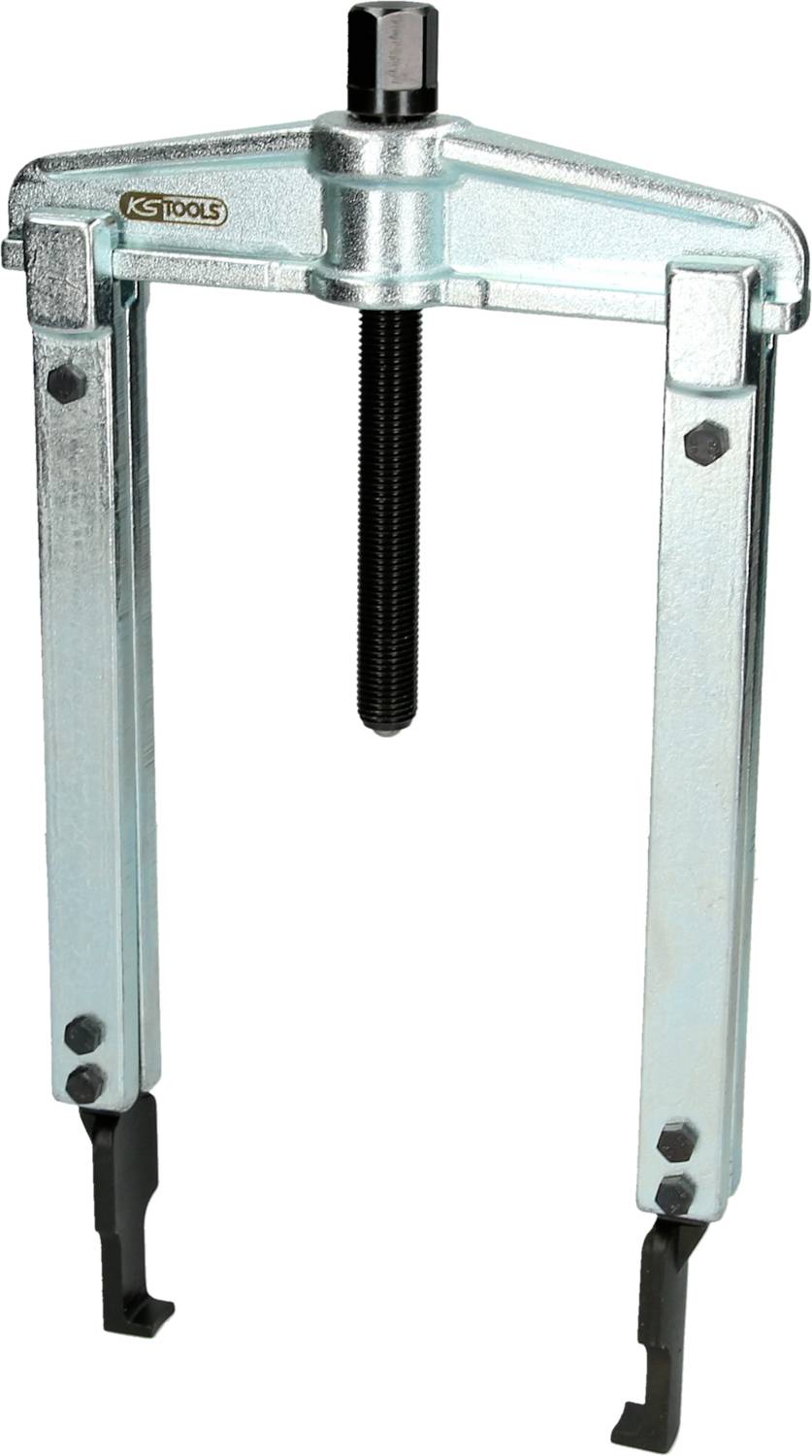Zweibeiniger Abzieher aus Metall, verwendet zum Lösen von Teilen wie Lagern oder Zahnrädern. Verstellbare Arme und zentrale Schraube.