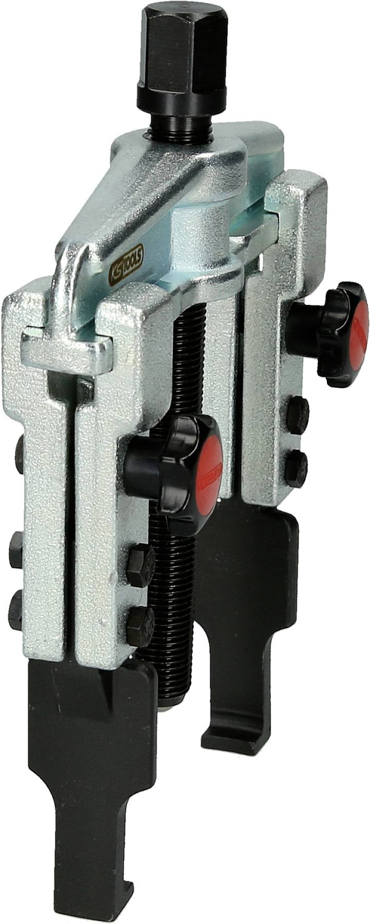 Metallischer Abzieher mit zwei Armen und Schraubmechanismus, verwendet zur Entfernung von Lagern oder Zahnrädern in Maschinenbauanwendungen.