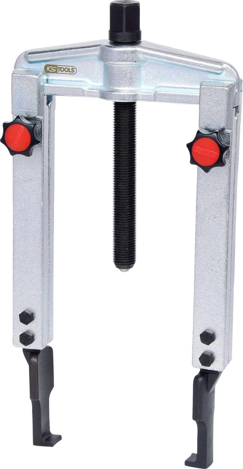 Ein zweibeiniger Abzieher mit roten Drehknöpfen und einem zentralen Gewindebolzen zum Lösen von Teilen in der Fahrzeugtechnik.