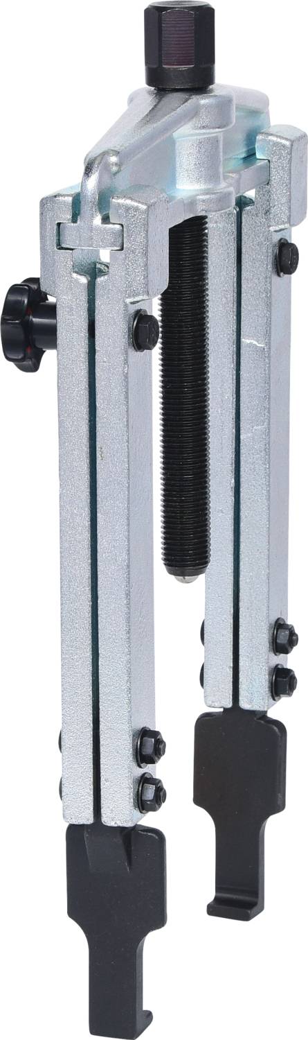 Metallischer Zweiarmabzieher mit verstellbaren Armen und zentraler Schraube, verwendet zum Abziehen von Lagern oder Zahnrädern.