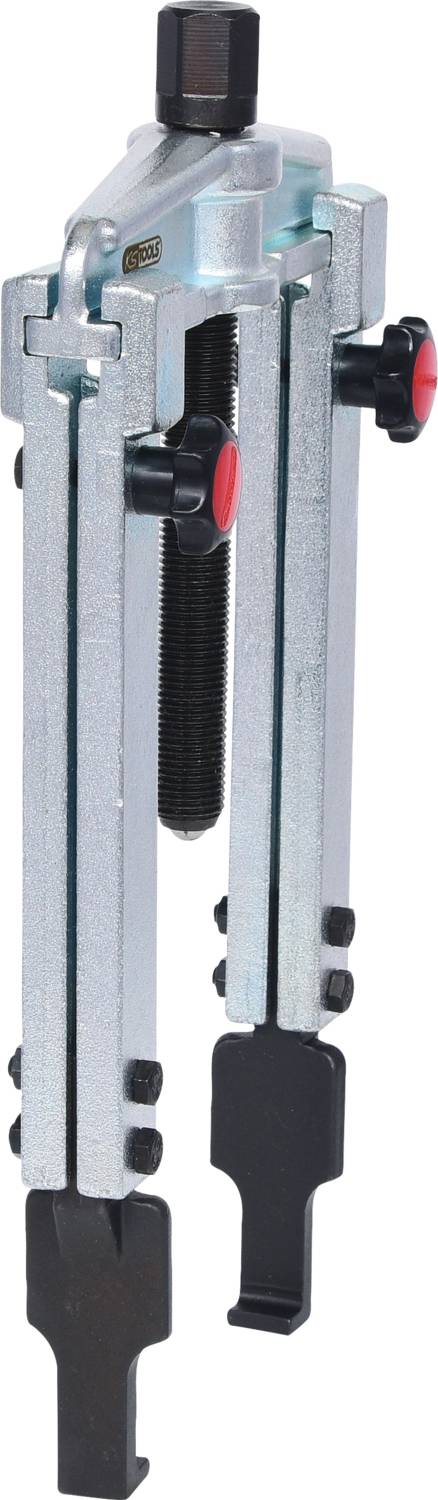 Ein metallisches Abziehwerkzeug mit zwei Armen und Drehgriff, zum Entfernen von Lagern oder Zahnrädern von Achsen.