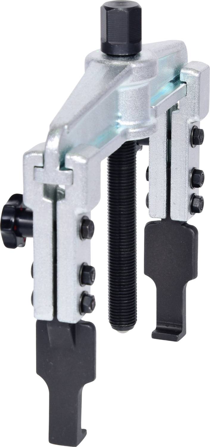 Zweiarmiger Abzieher mit Schraubmechanismus, silberne Metallkonstruktion mit schwarzen, verstellbaren Greifarmen, geeignet zum Entfernen von Lagern.