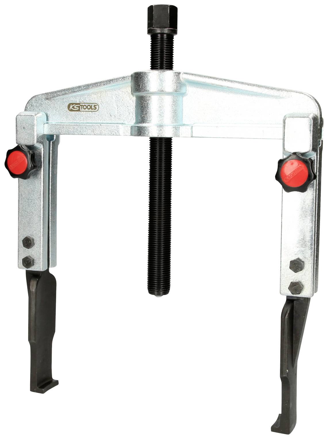 Zweiarmiger Abzieher mit verstellbaren Armen, geeignet zum Entfernen von Lagern oder Zahnrädern. Metallisches Design mit roten Knöpfen.