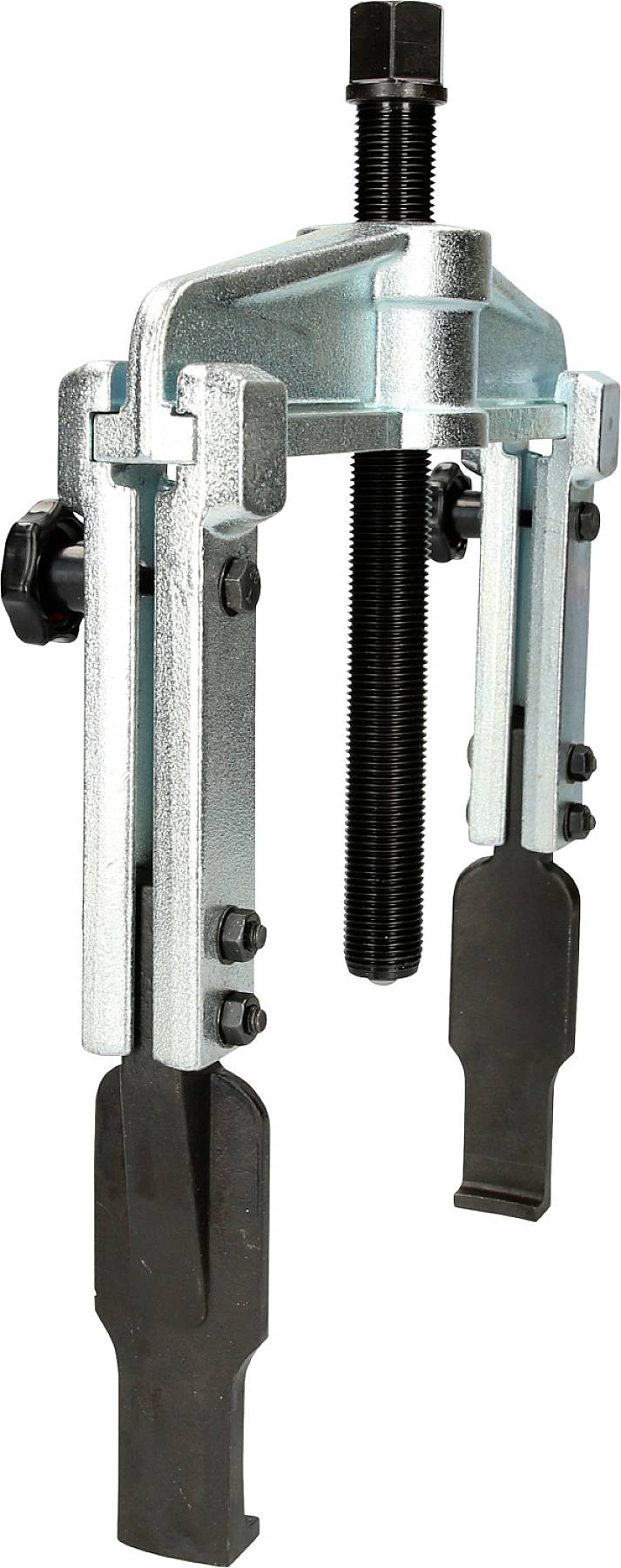 Metallischer Abzieher mit zwei Backen, genutzt zum Entfernen von Lagern oder Zahnrädern. Enthält ein zentrales Gewinde zur Druckausübung.