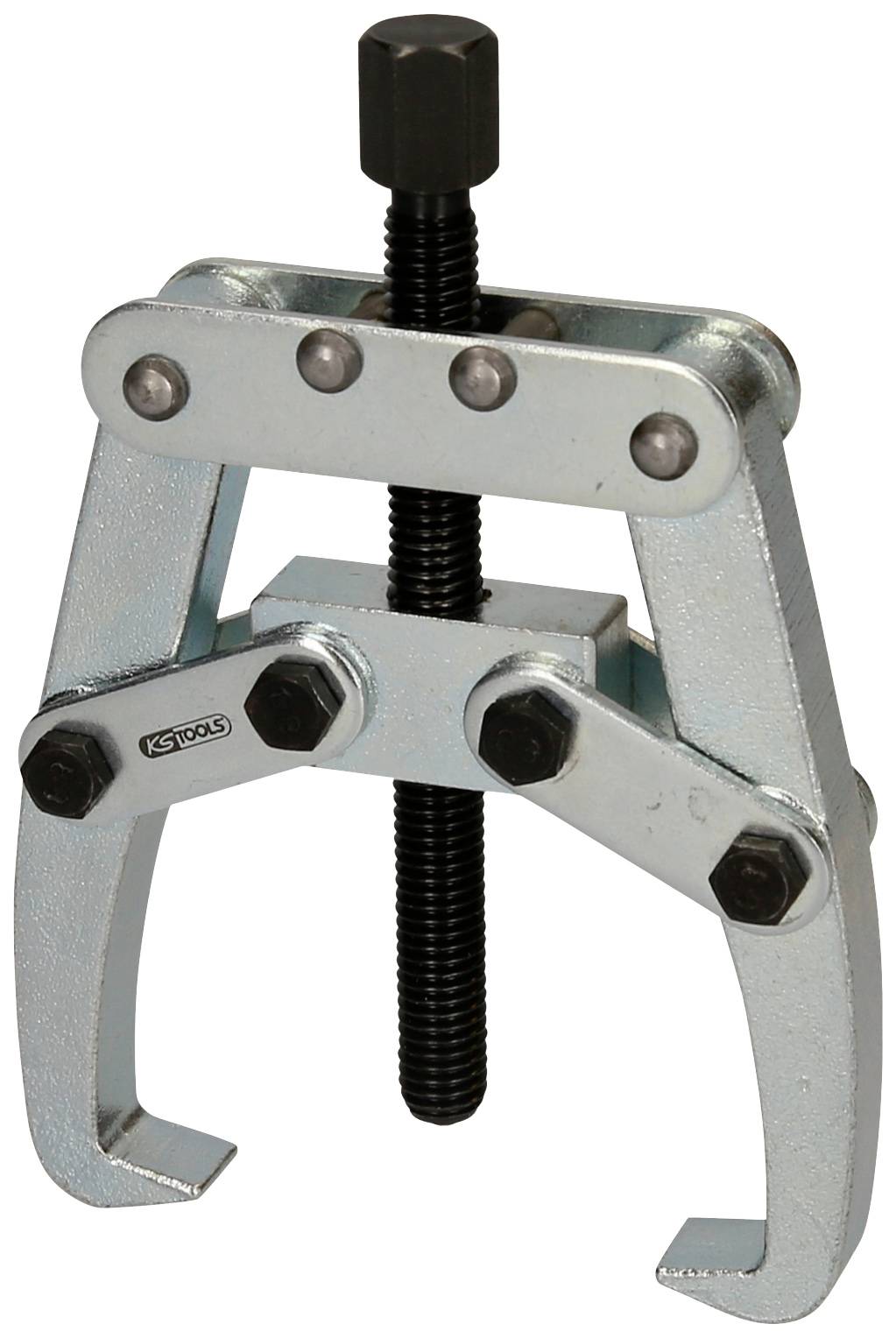 Zweiarmiger Abzieher aus Metall mit Schraubmechanismus, verwendet zum Entfernen von Lagern oder Zahnrädern von Wellen.