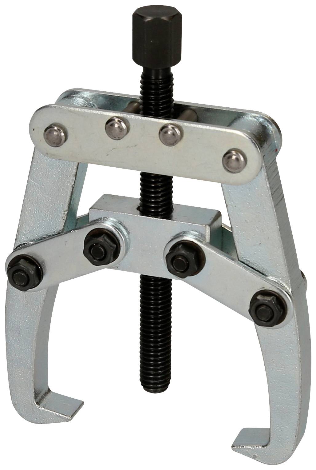 Metallischer Abzieher mit zwei Armen und zentraler Schraube, verwendet zum Entfernen von Lagern oder Buchsen in mechanischen Anwendungen.