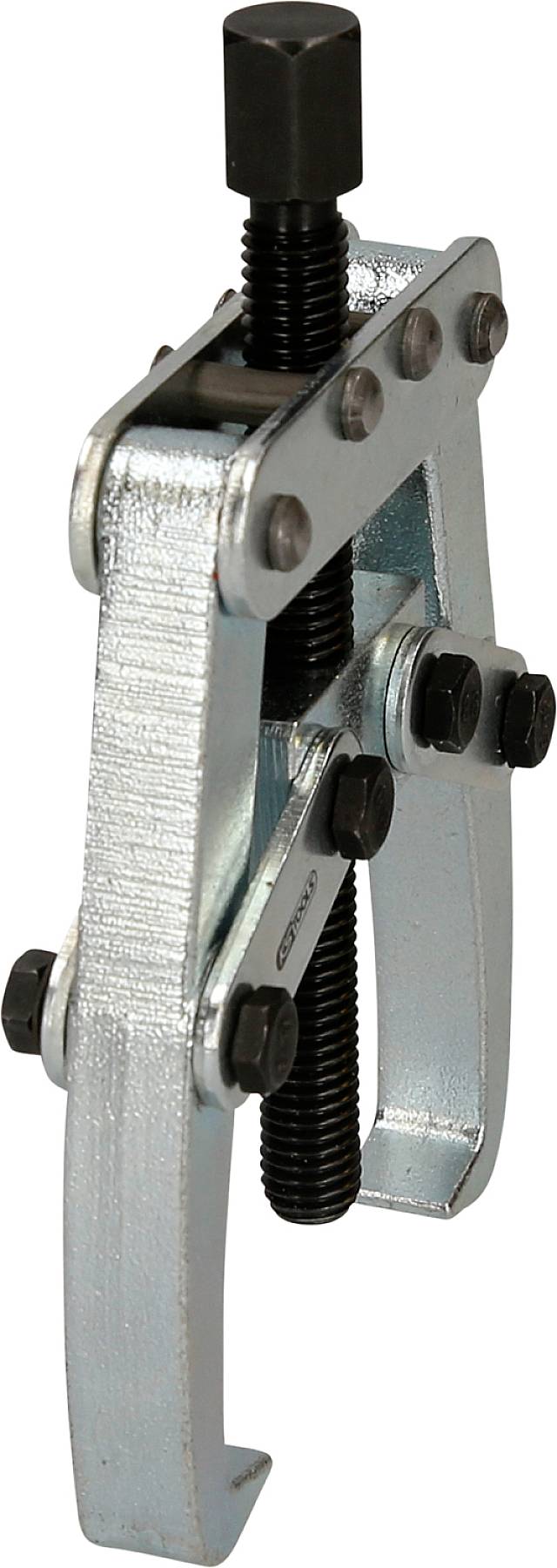 Ein silberner Abzieher mit zwei Armen und einer zentralen Schraube, verwendet zum Entfernen von Lagern oder Zahnrädern aus Maschinen.