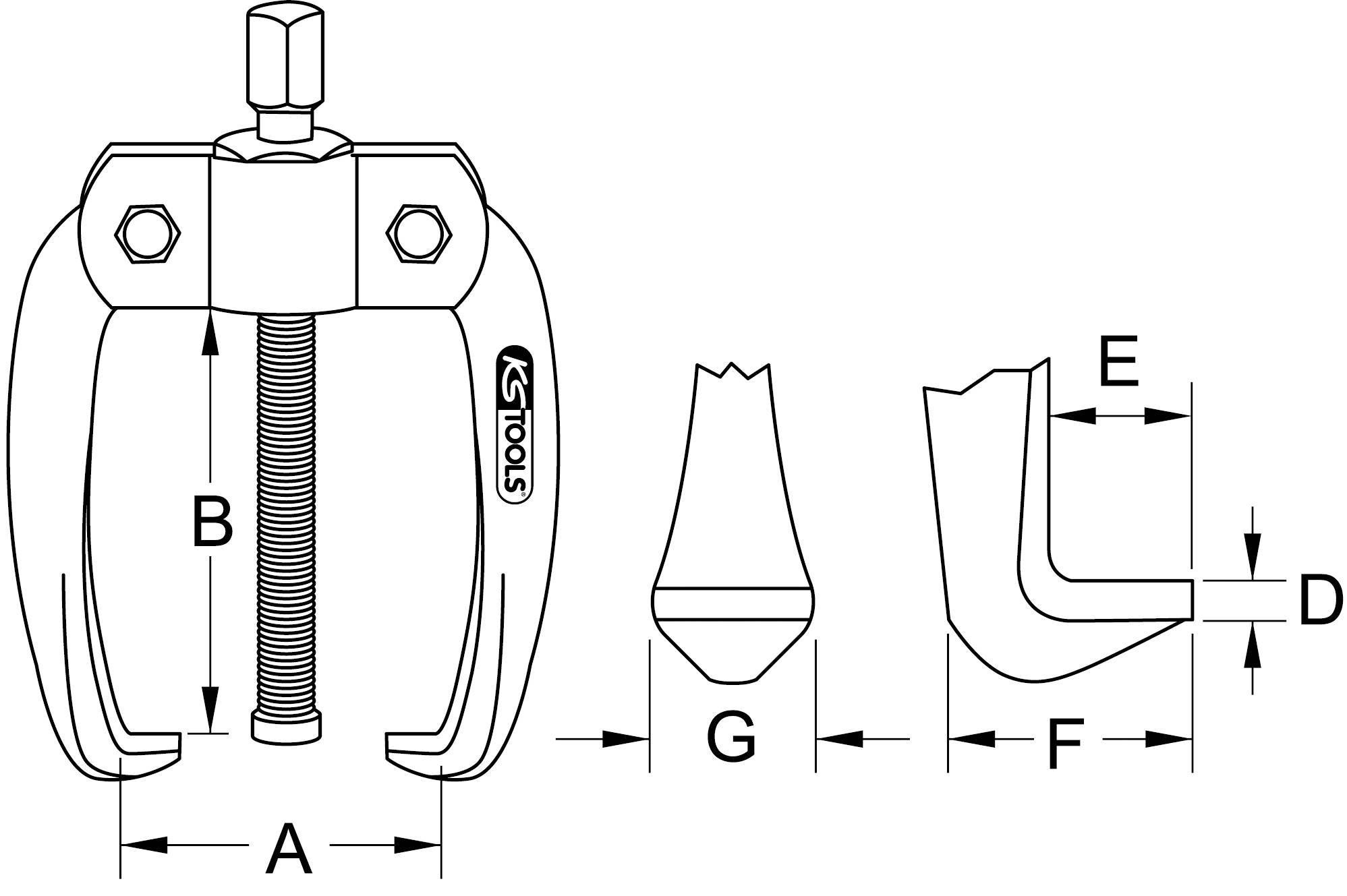 Technische Zeichnung eines Abziehers mit Maßen: A, B, D, E, F, G. Komponenten sind Schraube, Arme und Haken, mit Maßlegende.