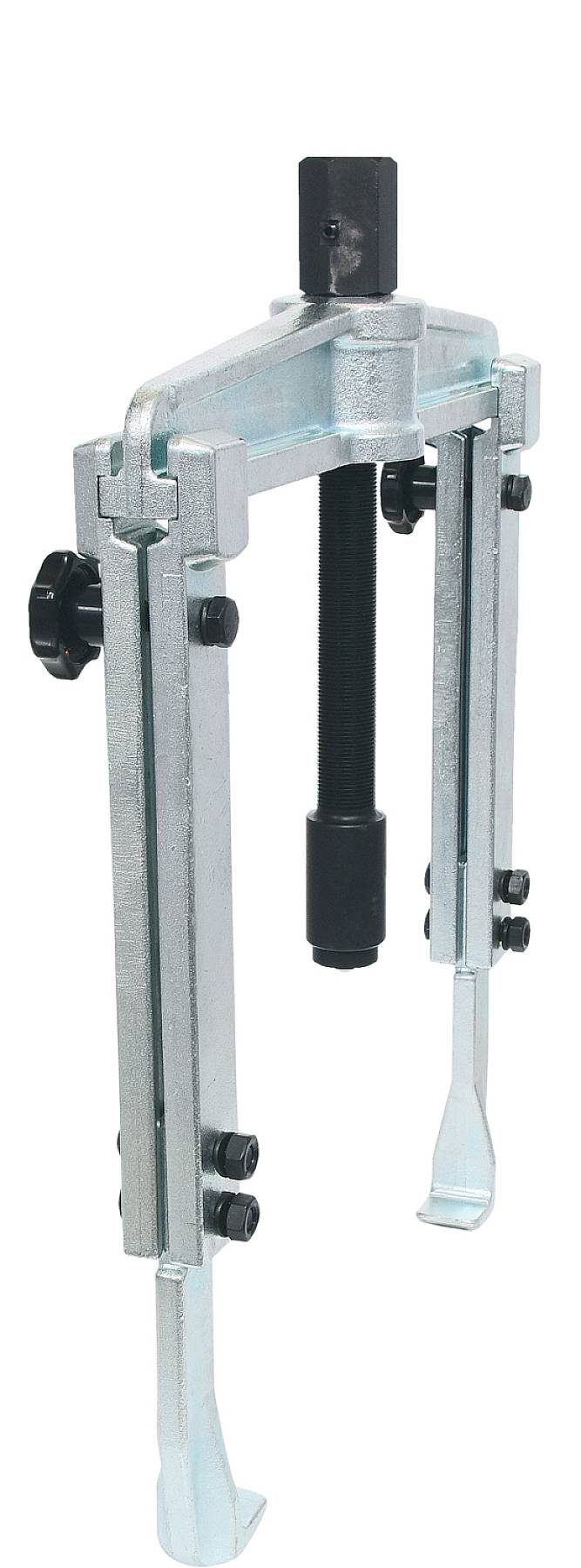 Metallischer Abzieher mit drei Beinen und Schraube, verwendet zum Entfernen von Teilen wie Lagern oder Zahnrädern von Wellen.