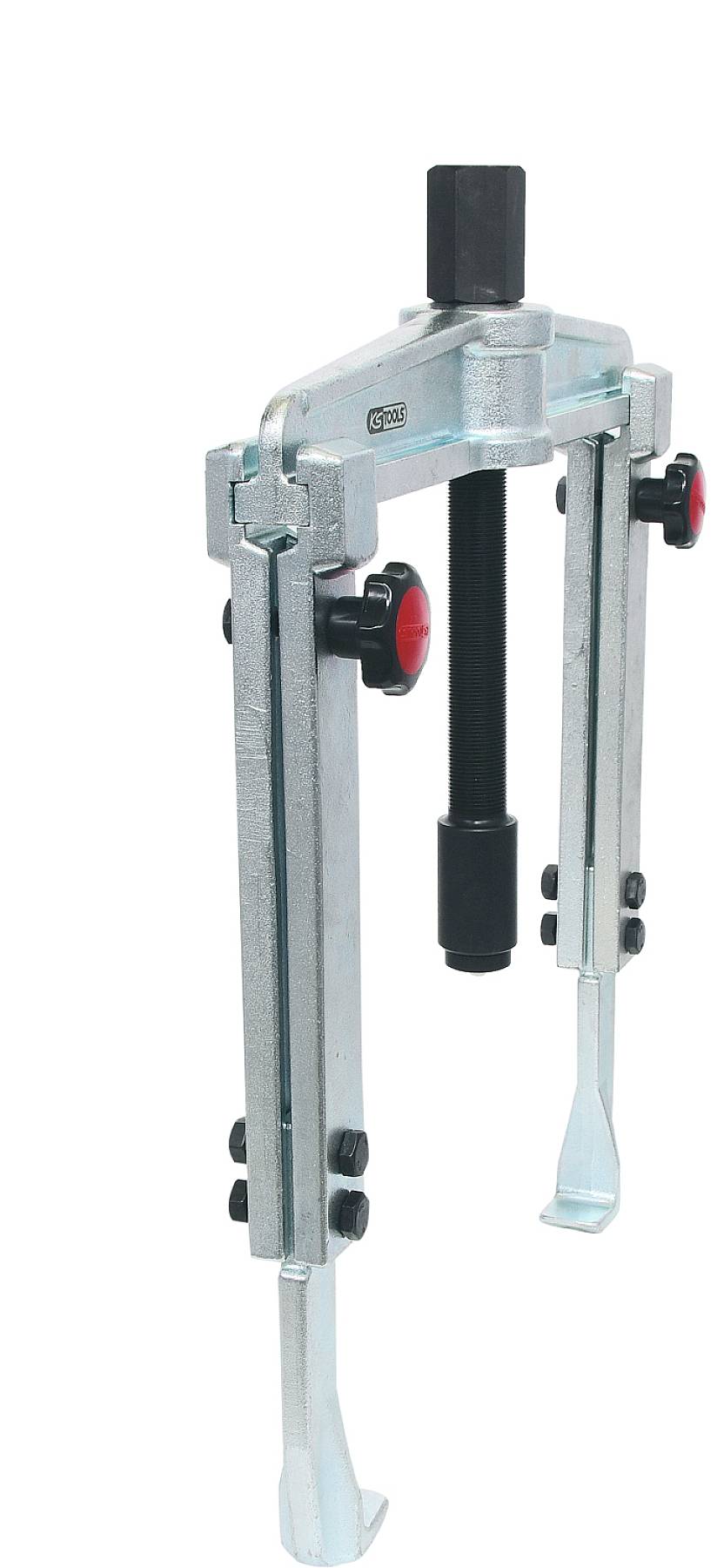 Zweibeiniger Lagerabzieher aus Metall mit roten Handgriffen, geeignet zum Entfernen von Lagern oder Zahnrädern von Wellen.