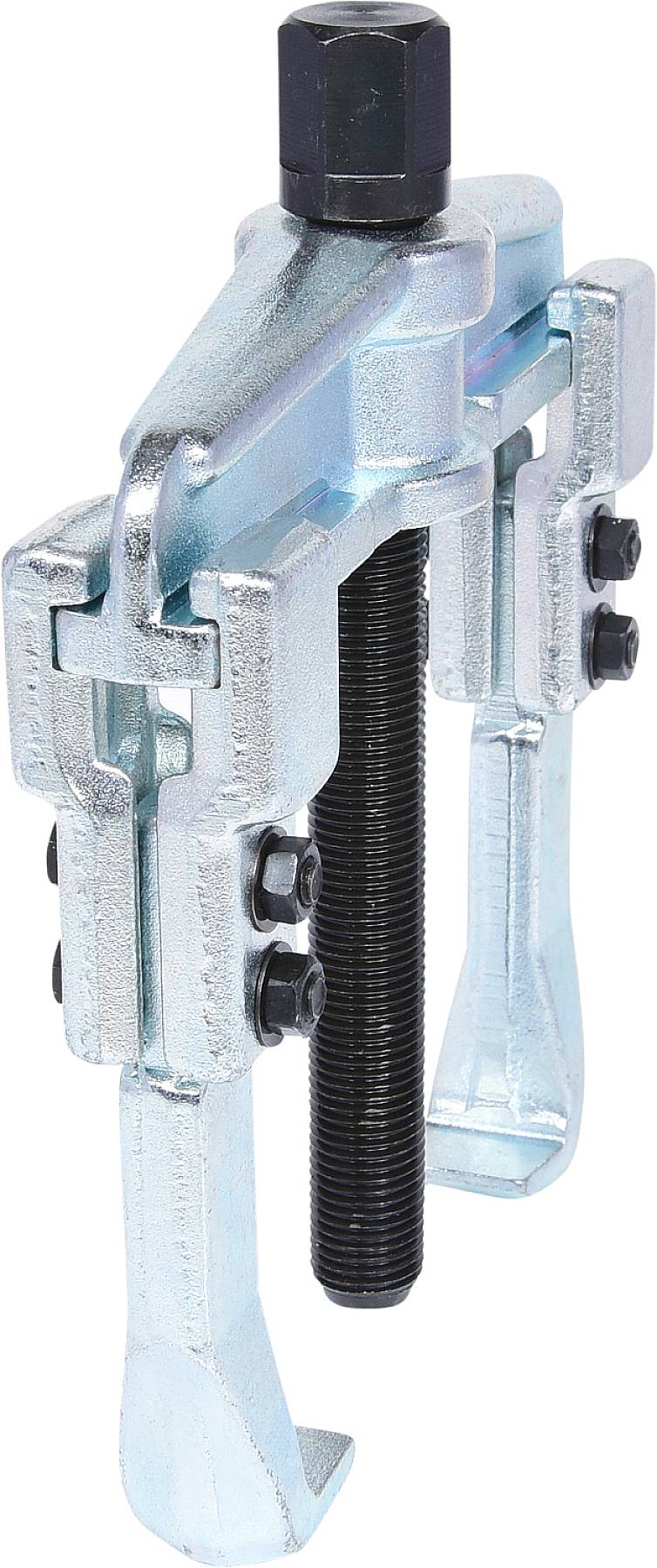 Ein metallischer Abzieher mit zwei Armen und Schraubmechanismus, verwendet zum Entfernen von Lagern oder Zahnrädern.