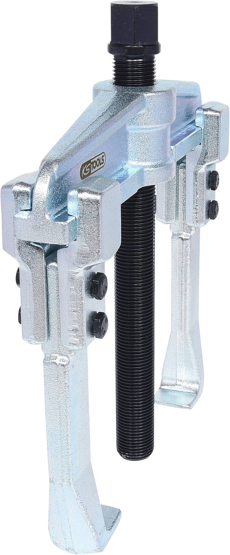 Ein metallischer Abzieher mit zwei Greifarmen und schwarzer Spindel, verwendet zum Entfernen von Bauteilen wie Lagern von Wellen.