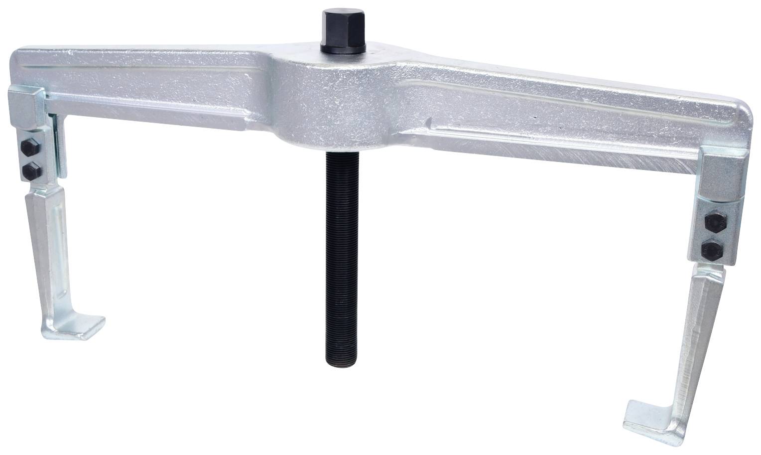 Metallischer Abzieher mit zwei verstellbaren Armen und einer mittigen Schraube, vor weißem Hintergrund platziert.