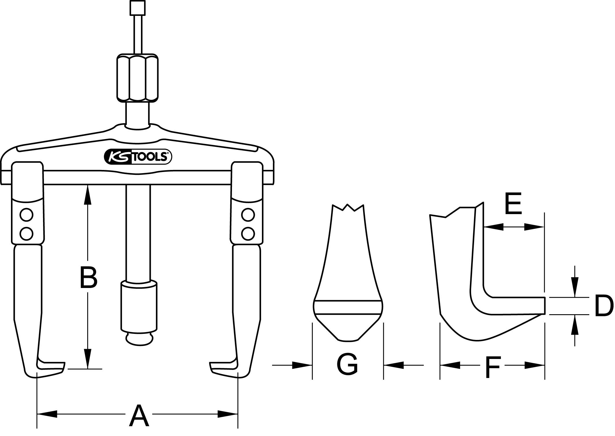 'Dreibein-Abzieher' Diagramm von KS Tools: zeigt Maße, Hebearmlänge (B), Greifweite (A), Hakentiefe (D), Hakenöffnung (E), Bolzendurchmesser (F), und Bolzenlänge (G).