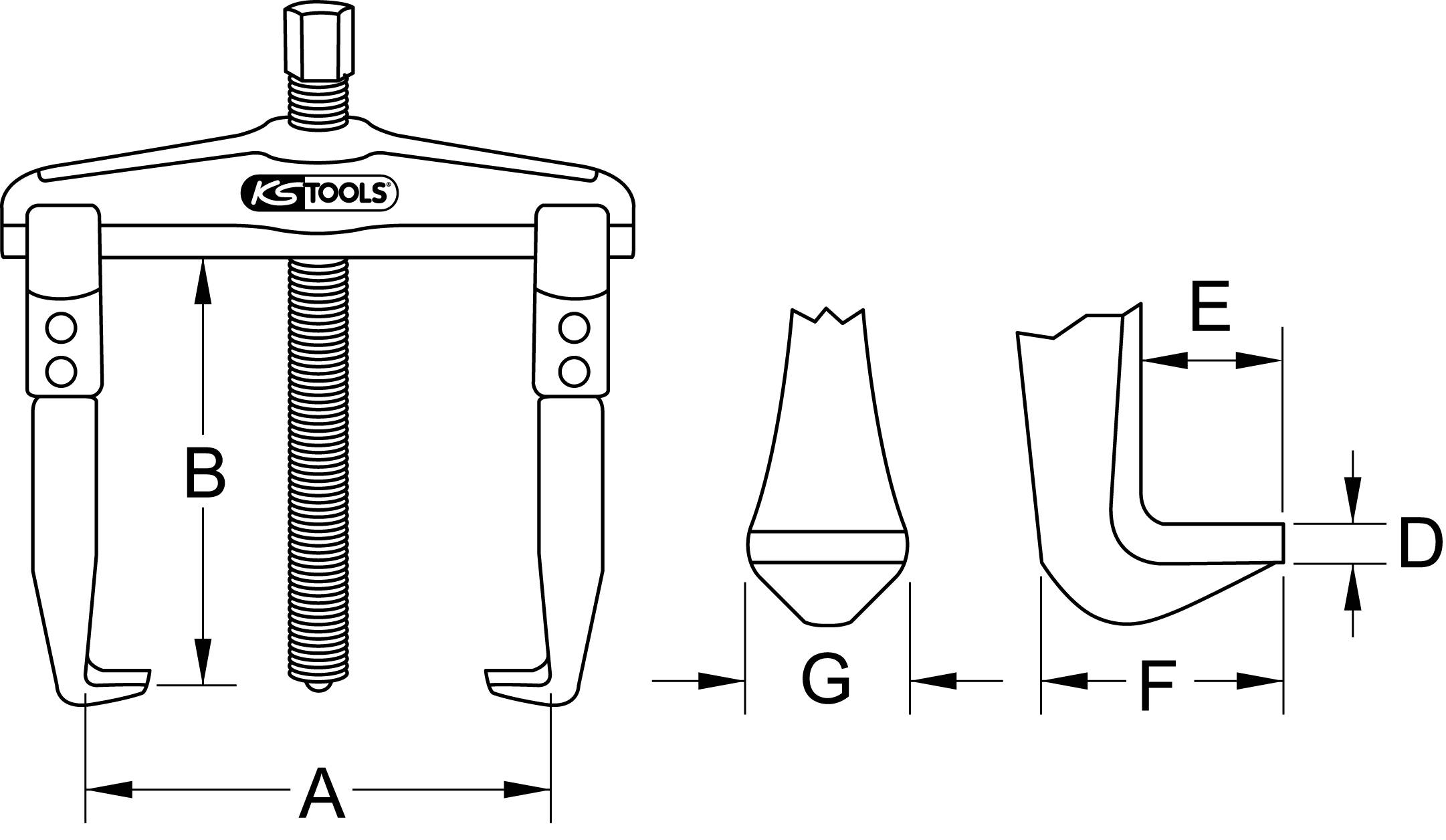 Technische Zeichnung eines Zweiarm-Abziehers von KS Tools mit Maßen: A, B, D, E, F, G. Zeigt Details der Greifarme und Spindel.