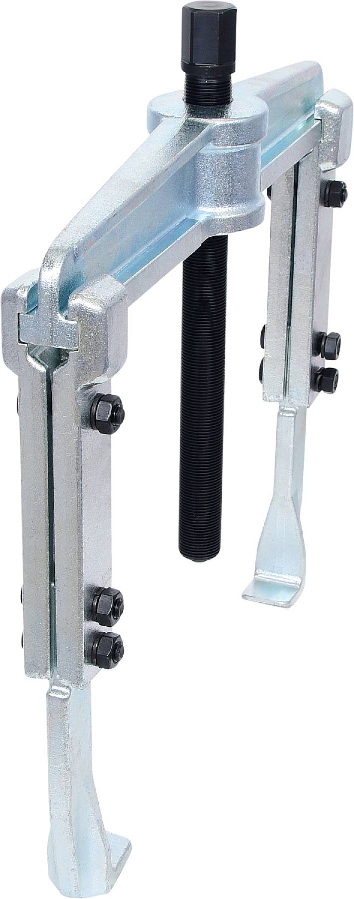 Ein zweibeiniger Abzieher aus Metall mit Schraubmechanismus, zum Entfernen von Lagern oder Zahnrädern gedacht, steht aufrecht.