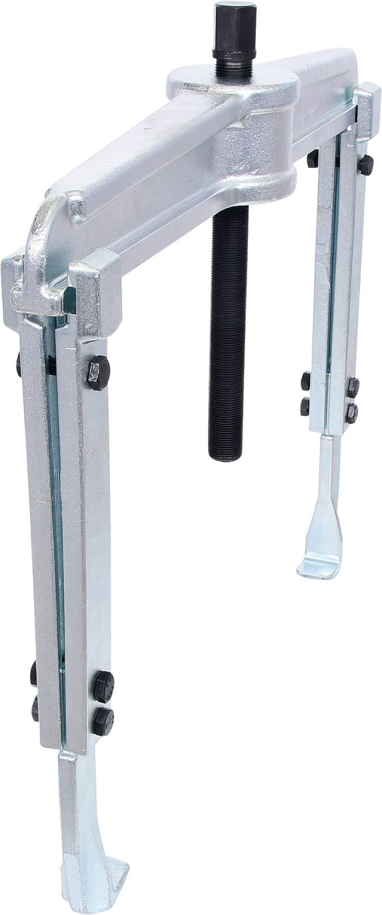 Ein zweibeiniger Abzieher aus Metall mit einem mittig angebrachten Gewindebolzen, verwendet zum Abziehen von Lagern oder Zahnrädern.