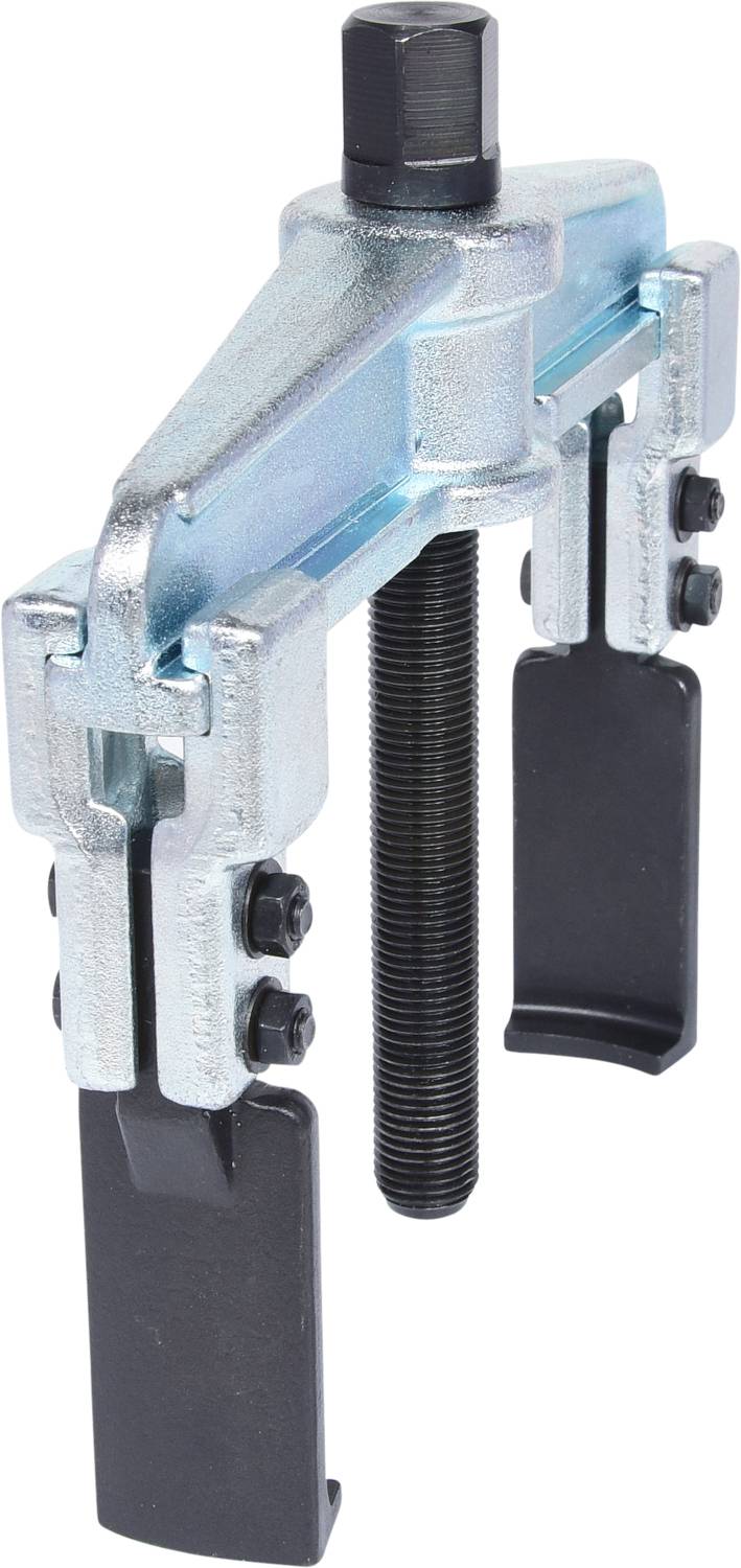Ein zweizängiger Abzieher aus Metall mit schwarzem Griff und zentraler Schraube zum Entfernen von Bauteilen in mechanischen Anwendungen.
