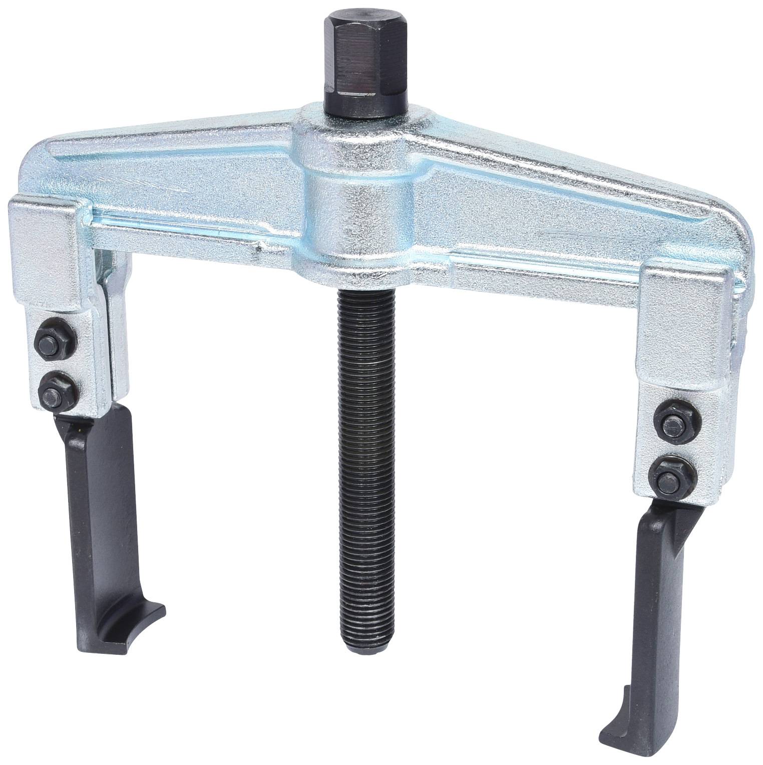Ein mechanischer Abzieher mit zwei Haken und zentraler Schraube, zum Lösen von festsitzenden Teilen in technischen Anwendungen.