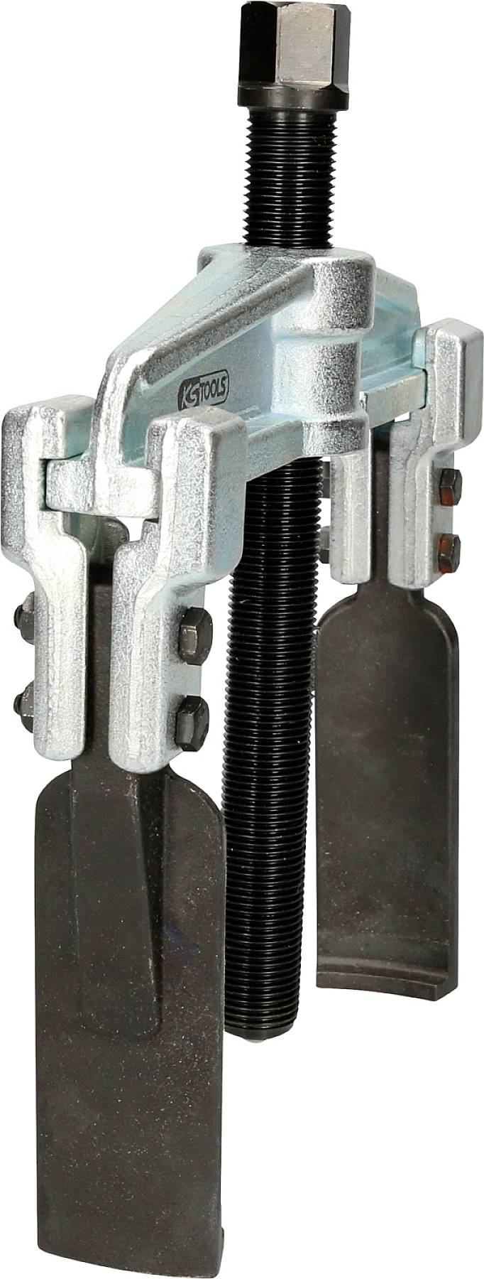 Ein mechanischer Abzieher mit zwei metallischen Klemmen und einer zentralen Schraube zum Entfernen von Lagern oder Zahnrädern von Wellen.