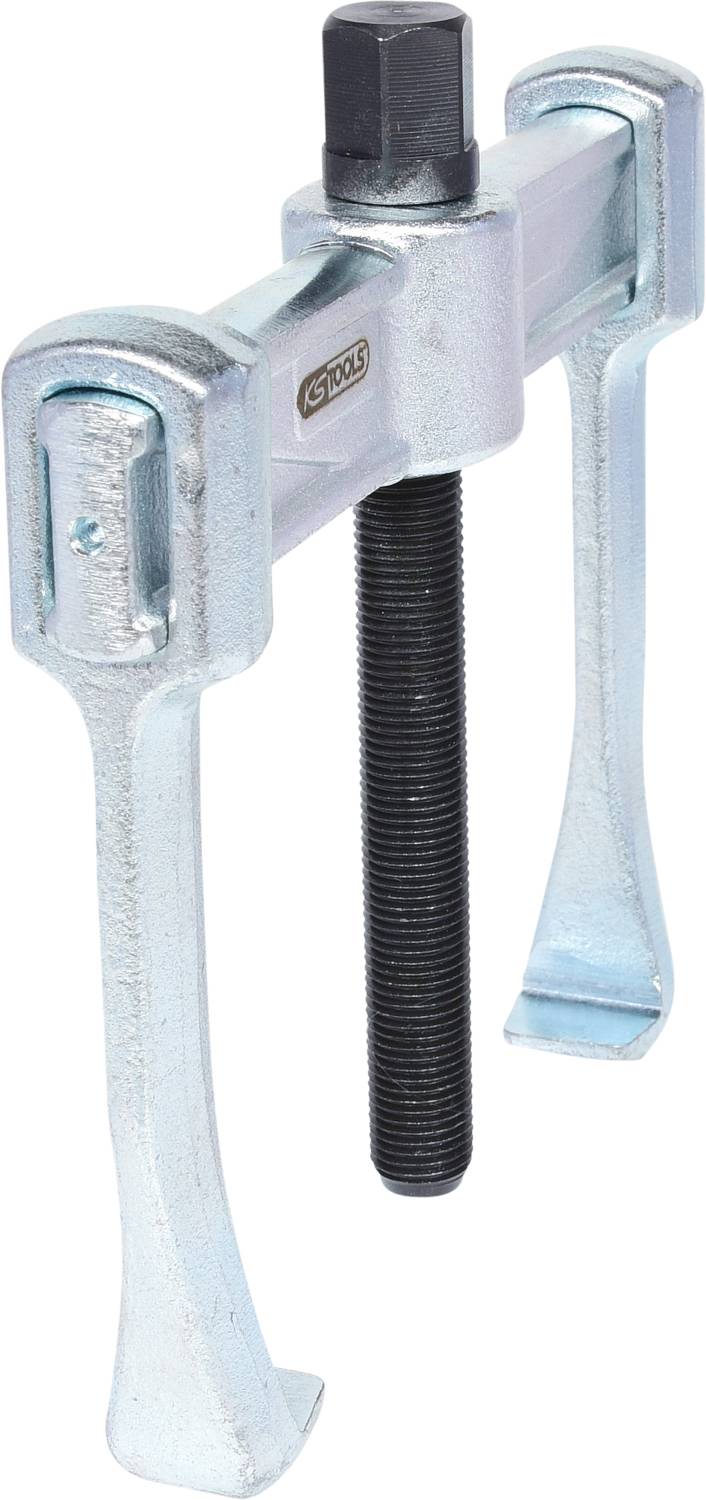 Zweiarmiger Abzieher aus Metall mit Schraubmechanismus zum Lösen von Bauteilen, wie Zahnrädern, von einer Welle.