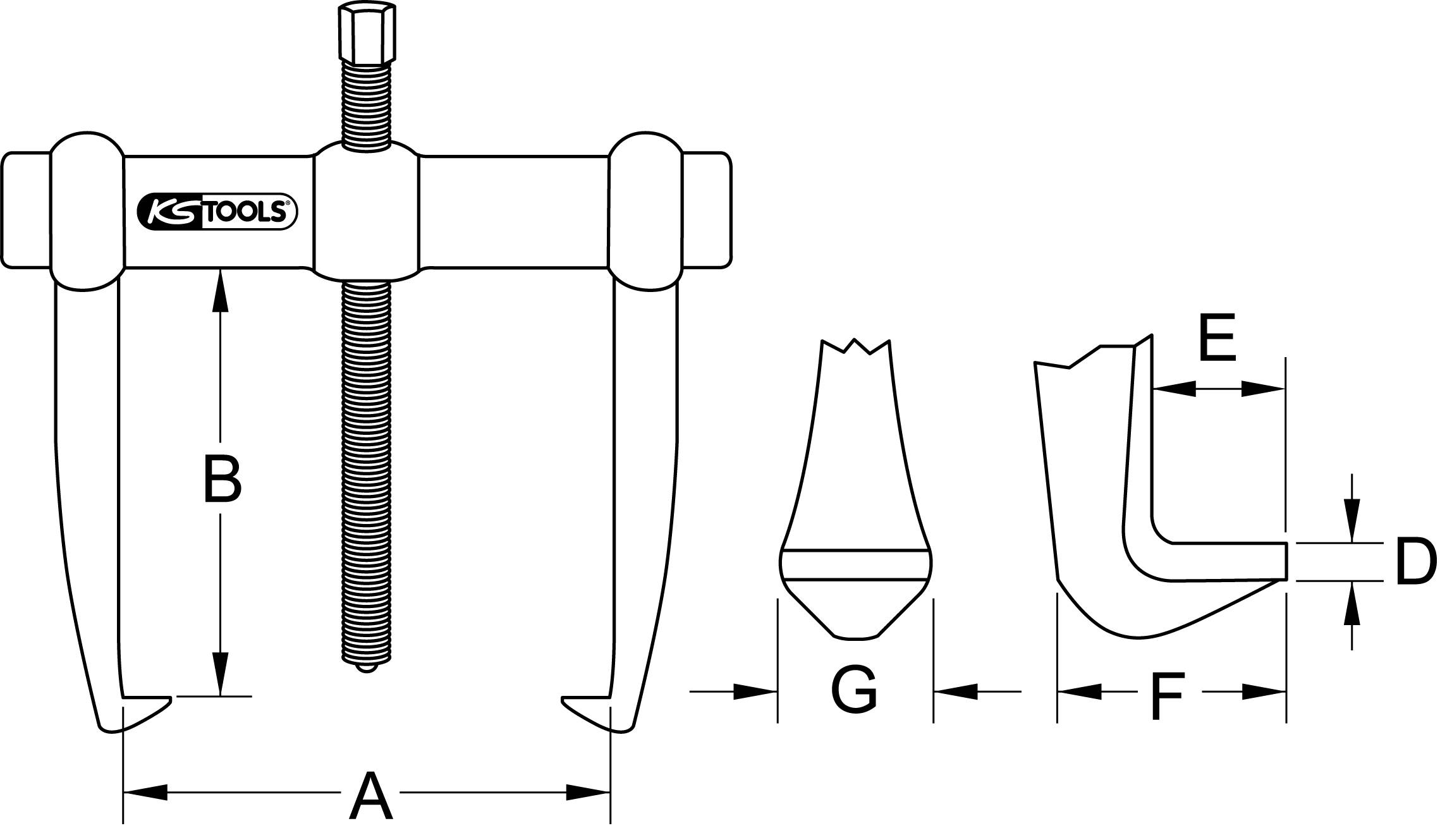Abbildung eines Zweibein-Abziehers zur Entfernung festsitzender Teile, mit markierten Maßen A, B, D, E, F, G zur Größenbeschreibung.