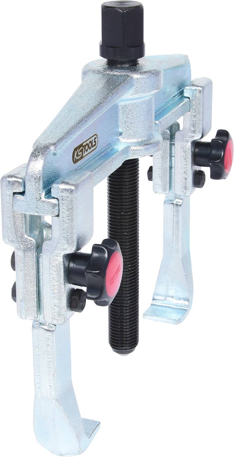 Metallischer Abzieher mit zwei Klauen und einem zentralen Schraubmechanismus, verwendet zum Entfernen von Lagern oder Zahnrädern.