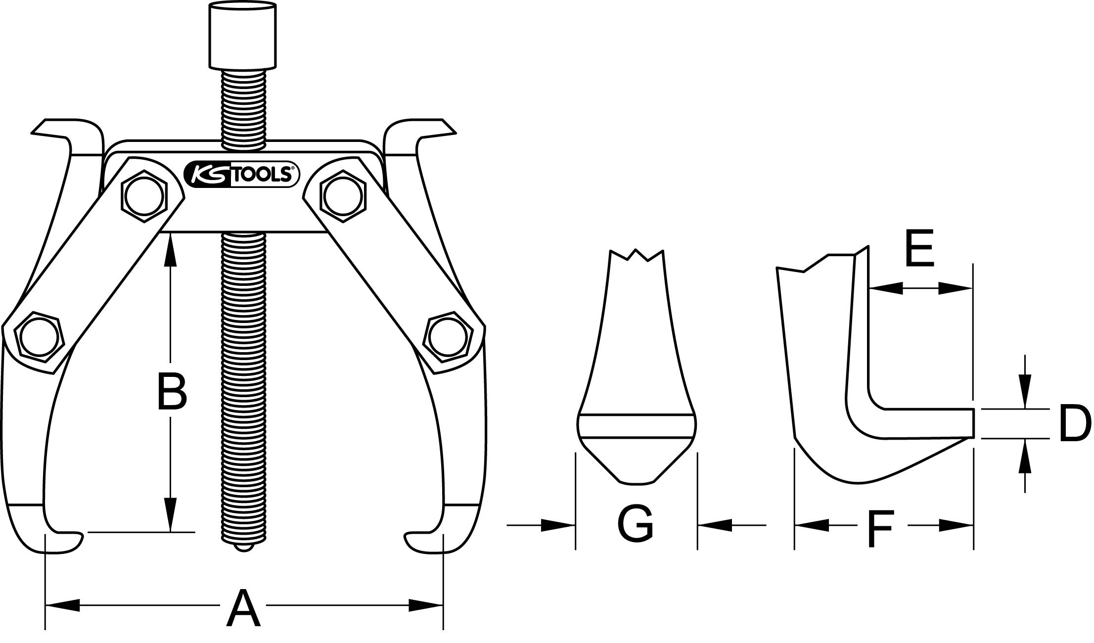 Technische Zeichnung eines Abziehers mit Maßen: A, B, D, E, F, G. Zeigt verschiedene Ansichten und Teile zur Entfernung von Lagern.