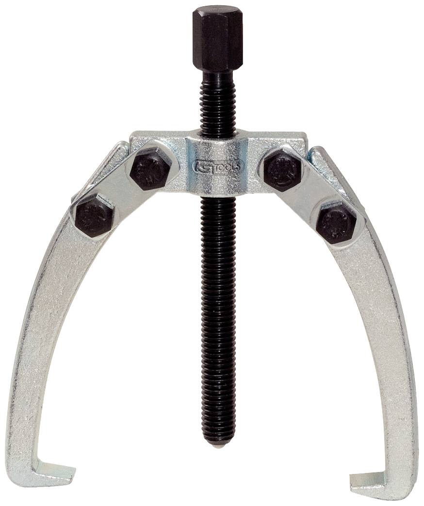 Ein metallener Abzieher mit zwei gebogenen Armen und einer zentralen Schraube zur Anwendung bei mechanischer Reparatur oder Montage.