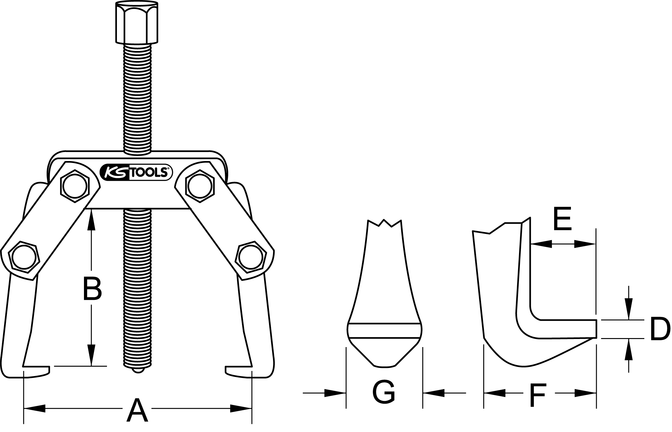 Abbildung eines Abziehers mit Maßangaben: Breite (A), Höhe (B), Hakenbreite (D, E, F) und Details der Hakenformen (G).