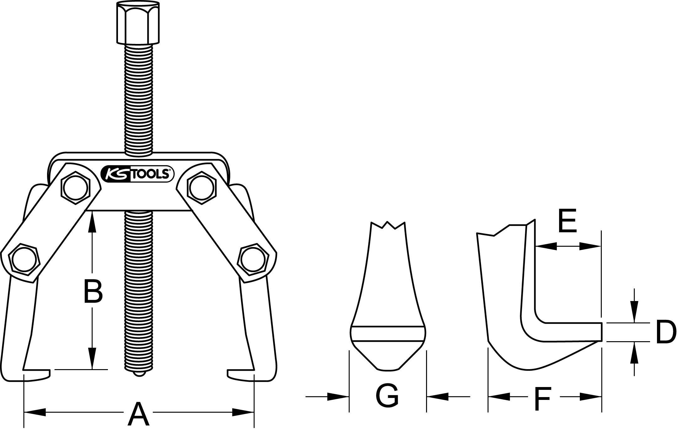 Darstellung eines Abziehers von KS Tools mit Maße: A, B, D, E, F, G. Mechanische Komponenten zur Entfernung von Lagern und Zahnrädern.