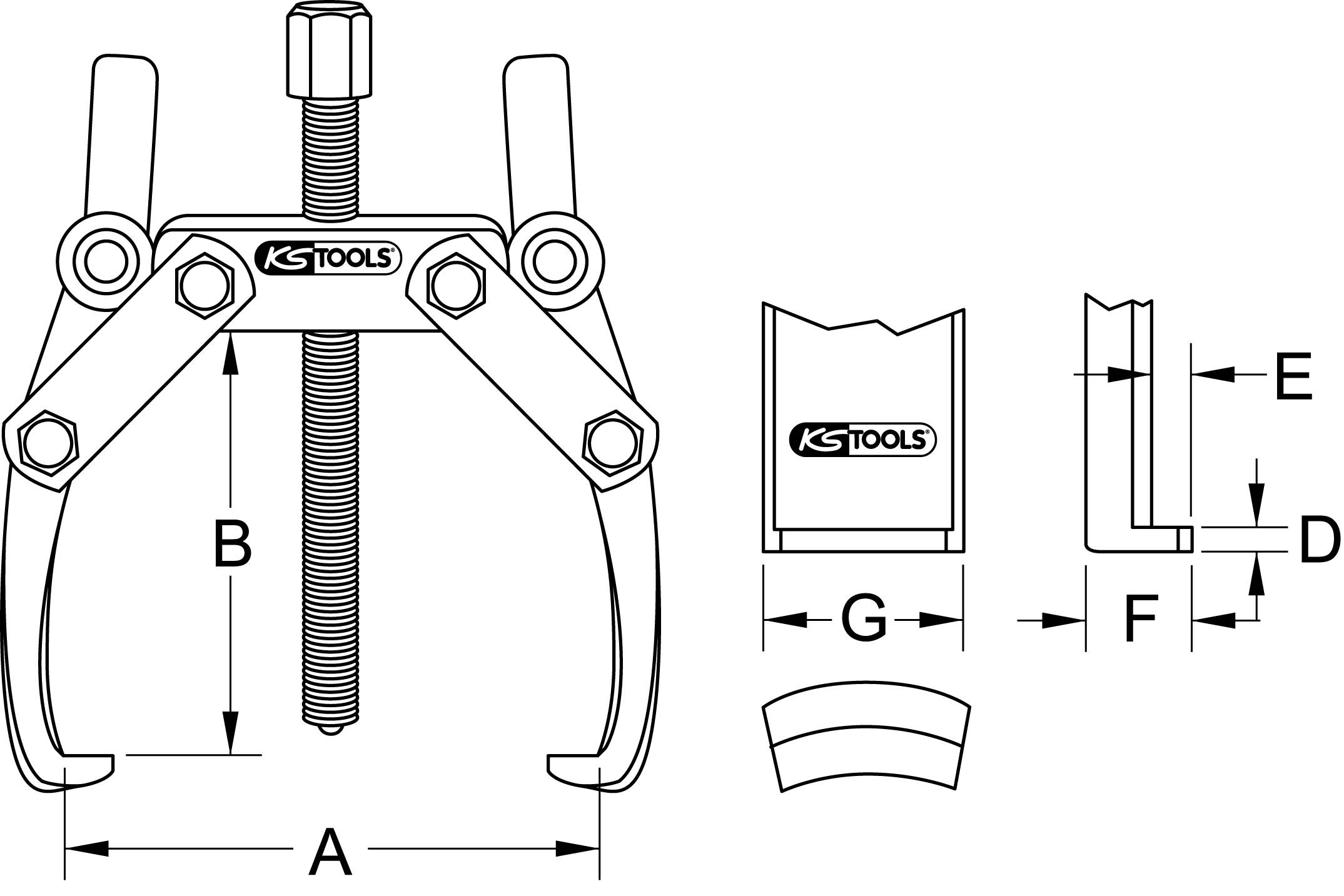 'KS Tools' Abzieher-Diagramm mit Maßen: A, B, D, E, F, G. Technische Zeichnung zeigt Vorder- und Seitenansicht des Werkzeugs.