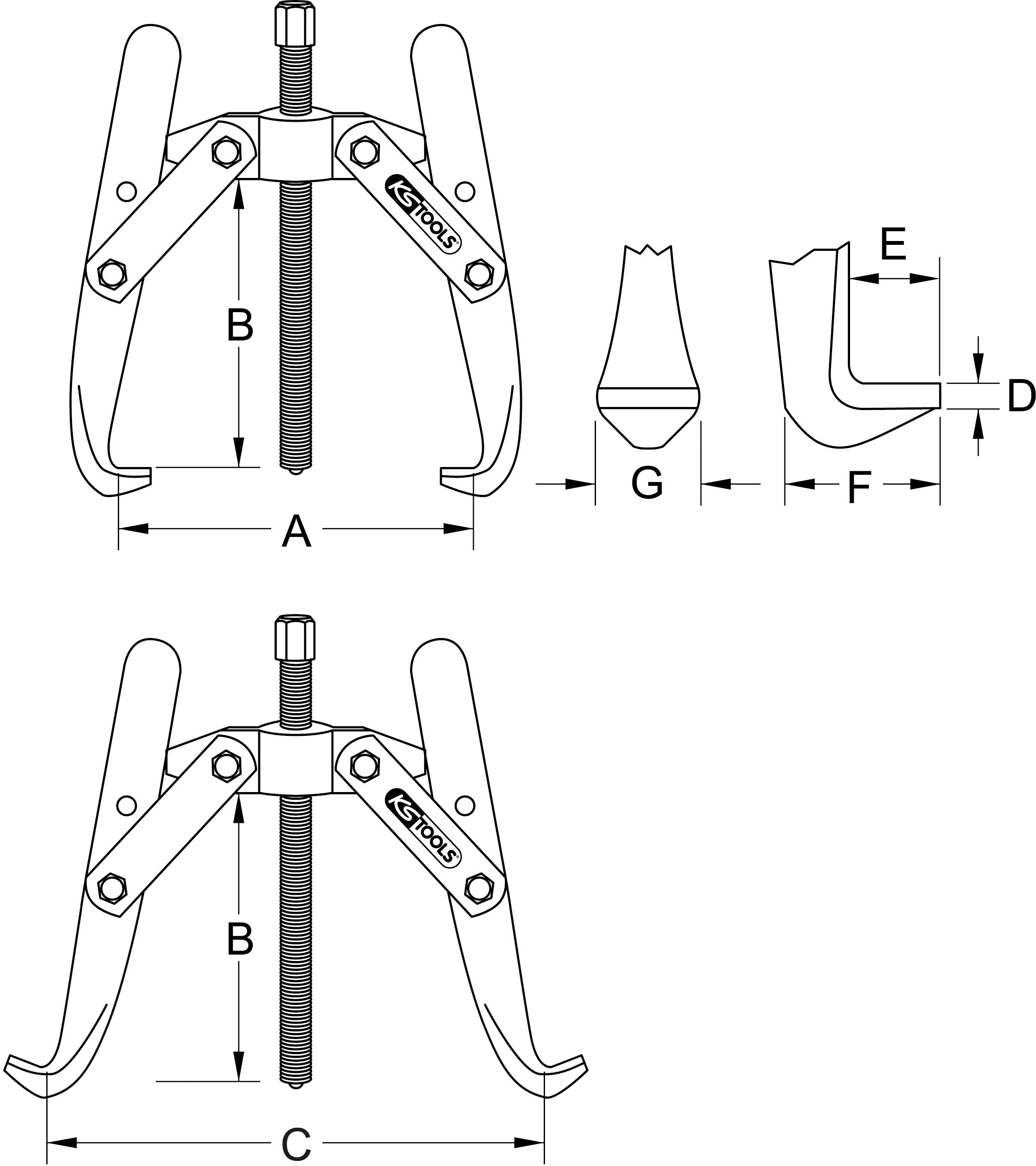 Abziehvorrichtung mit zwei Armen. Maße werden an den Komponenten gezeigt: A, B, C, D, E, F, G. Hauptzweck: Teile abziehen.