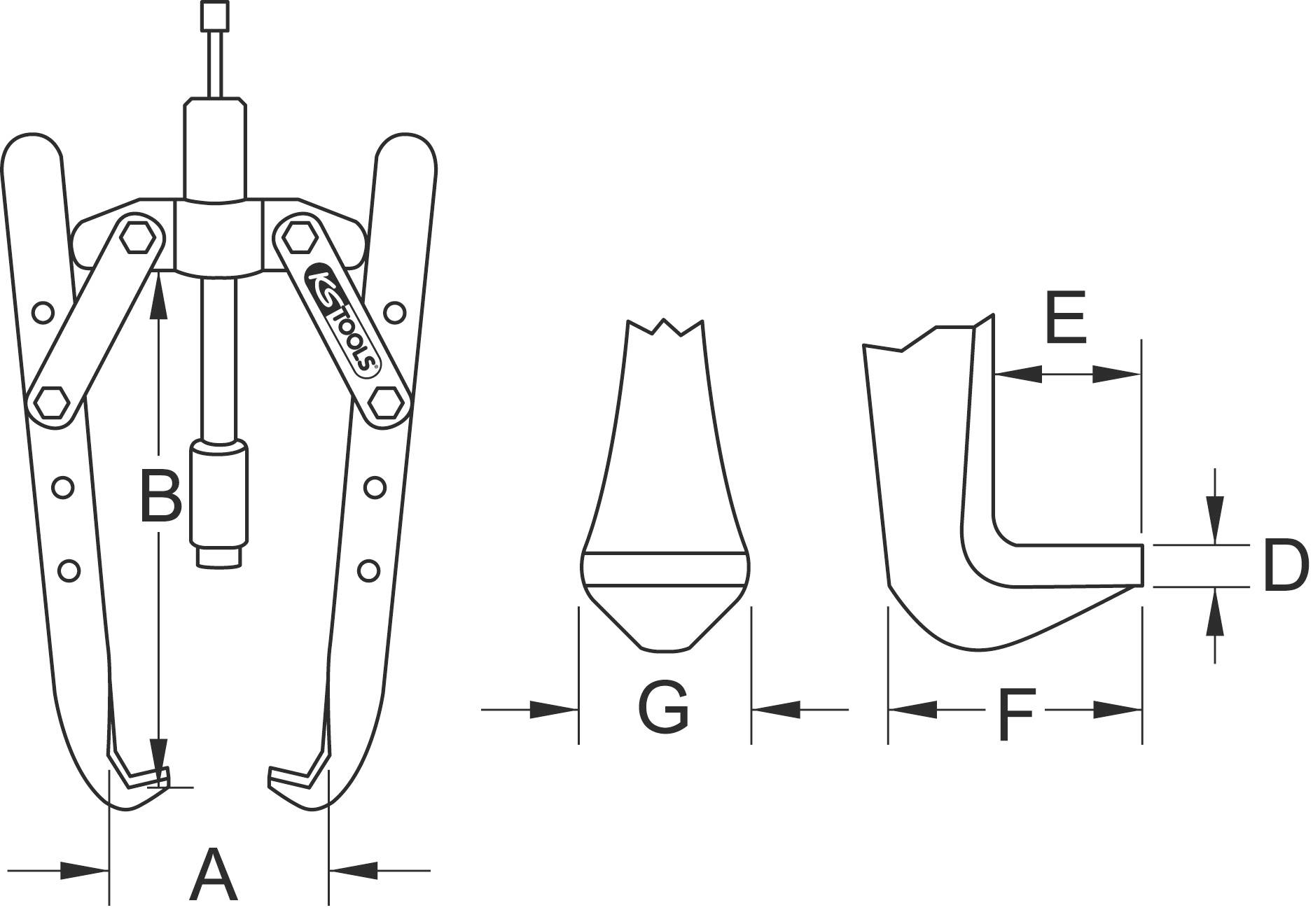 Mechanischer Abzieher und Maßskizze. Links: Abzieher mit zwei Armen und Zentralschraube. Rechts: Detailansicht der Arme mit Maßangaben A, B, D, E, F, G.