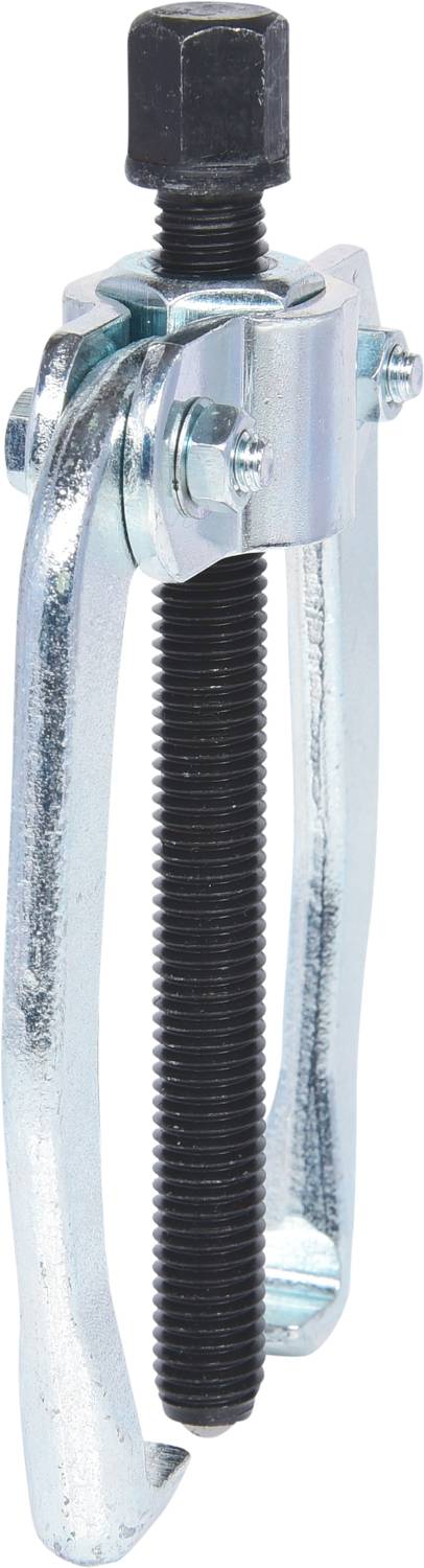 Ein metallischer Abzieher mit zwei Haken und Schraubengewinde, verwendet zum Entfernen von Lagern oder Zahnrädern.