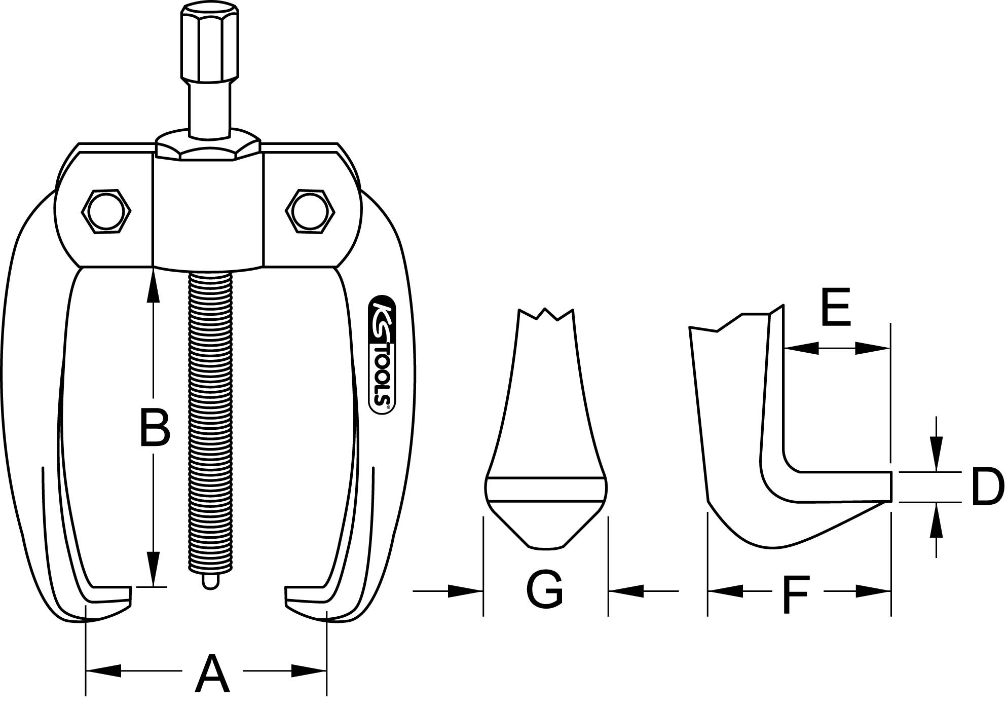 Zweizangiger Abzieher mit Maßangaben: A = Spannweite, B = Gewindelänge, D = Maulöffnung, E = Schenkelhöhe, F = Ausladung, G = Klemmfläche.