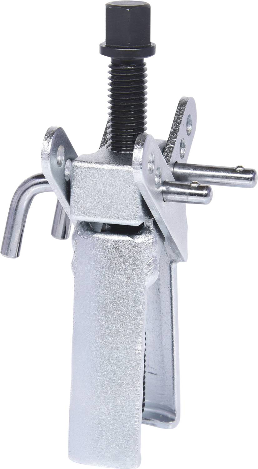 Ein metallisches Spannwerkzeug mit Griff und Gewindeschraube, geeignet zum Fixieren oder Komprimieren von Objekten.