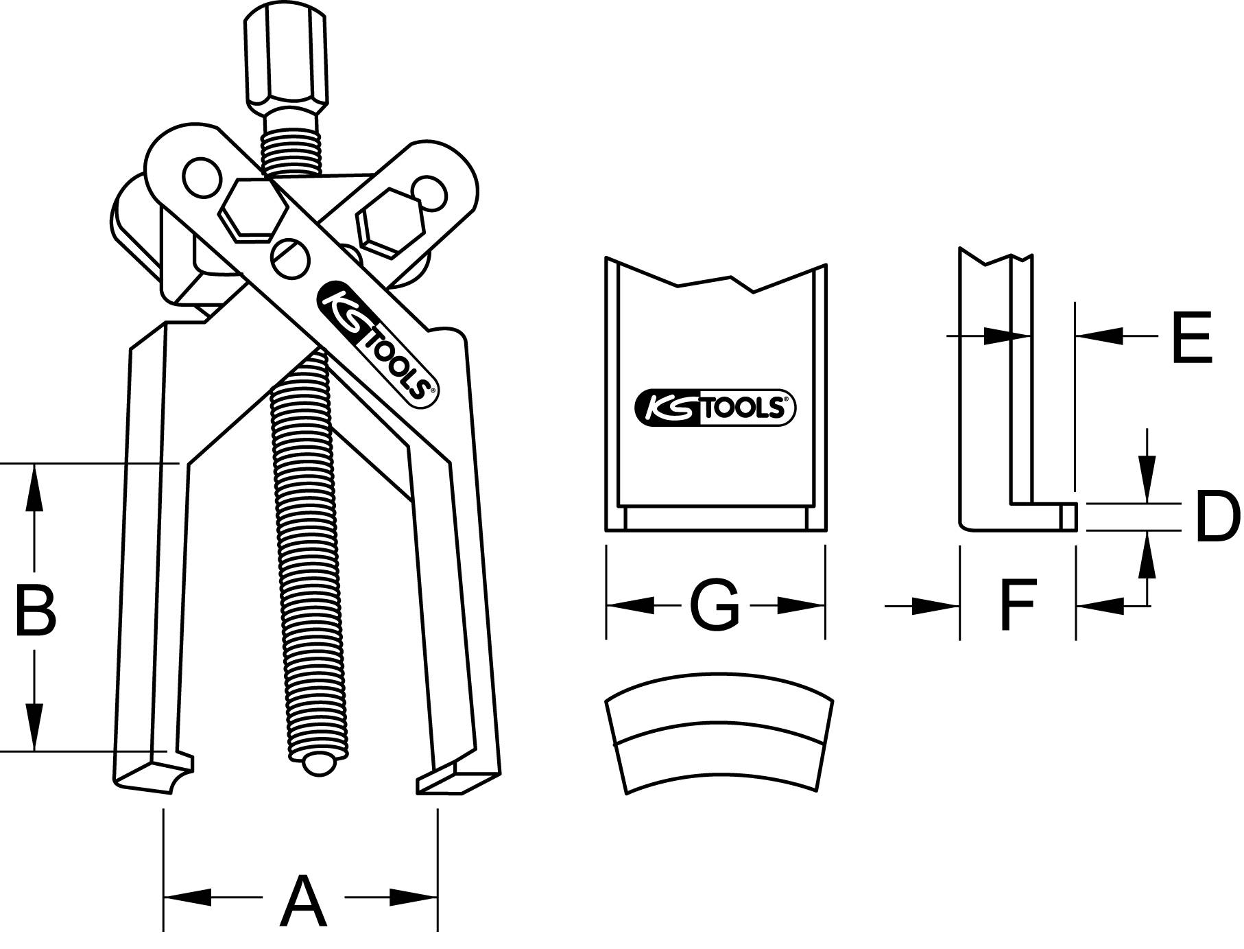 'KS Tools' Abziehvorrichtung, technische Zeichnung. Zeigt Frontansicht mit Abmessungen A, B; Detailansicht mit Maßen E, D, F, G.