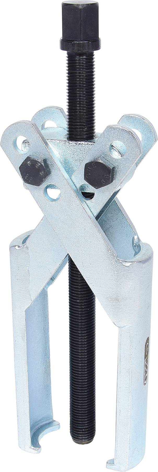 Ein zweizackiger Abzieher mit einem Schraubmechanismus, der zum Lösen fester Teile, wie z.B. Lager oder Zahnräder, verwendet wird.