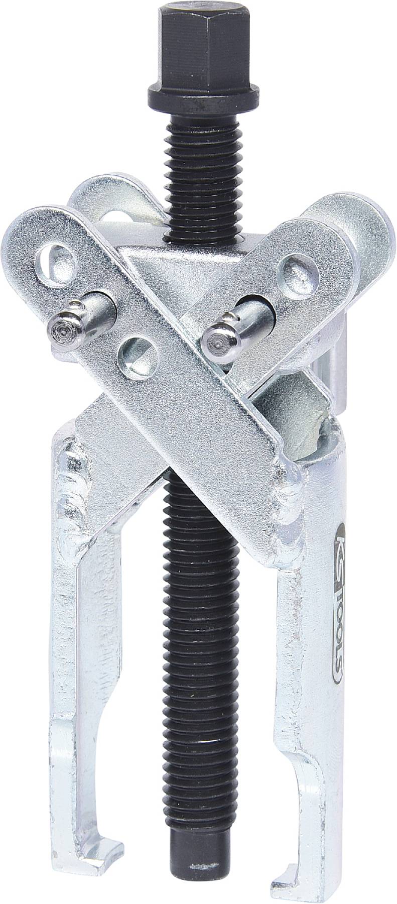 Zweiarmiger Abzieher aus Metall mit schwarzer Schraubenspindel, verwendet zum Entfernen von Lagern oder Zahnrädern in mechanischen Anwendungen.