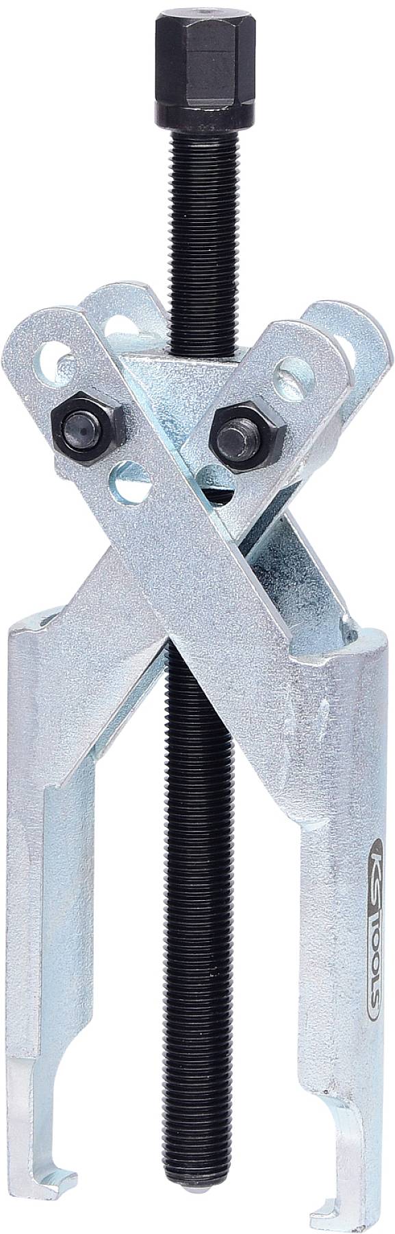 Ein metallener Abzieher mit zwei Armen und einer zentralen Schraube, verwendet zum Entfernen von Zahnrädern oder Lagern von Wellen.