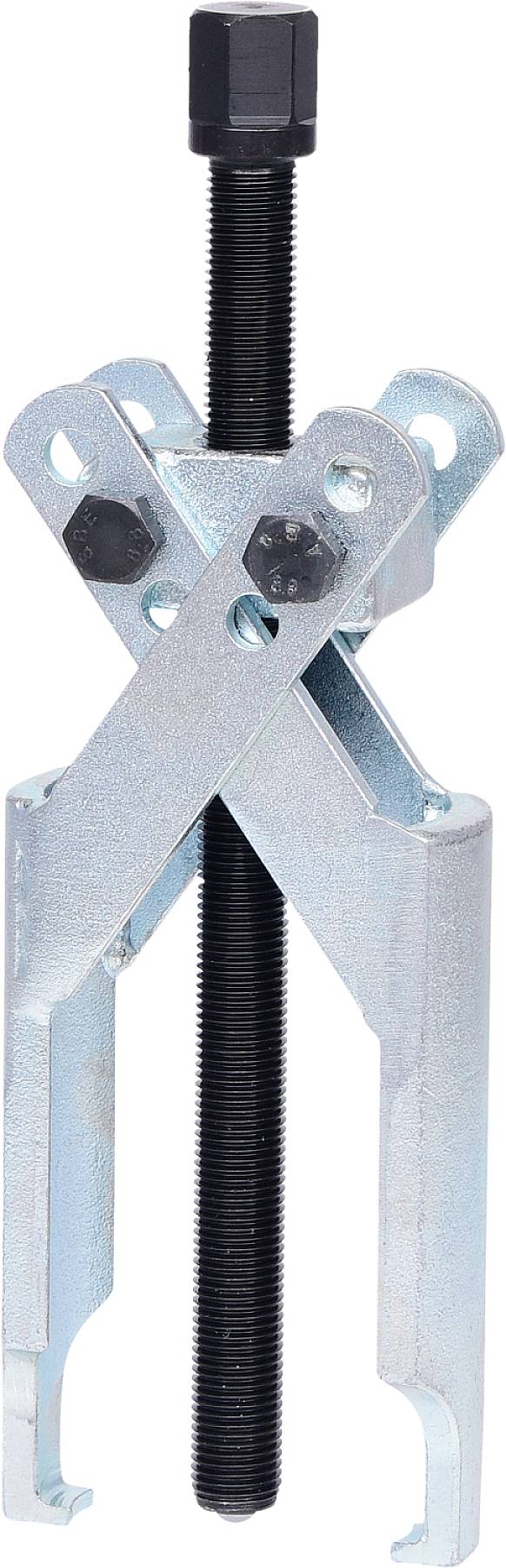 Ein Metallabzieher mit zwei Greifarmen und Schraubengewinde, verwendet zum Entfernen von Teilen wie Zahnrädern oder Lagern von einem Schaft.