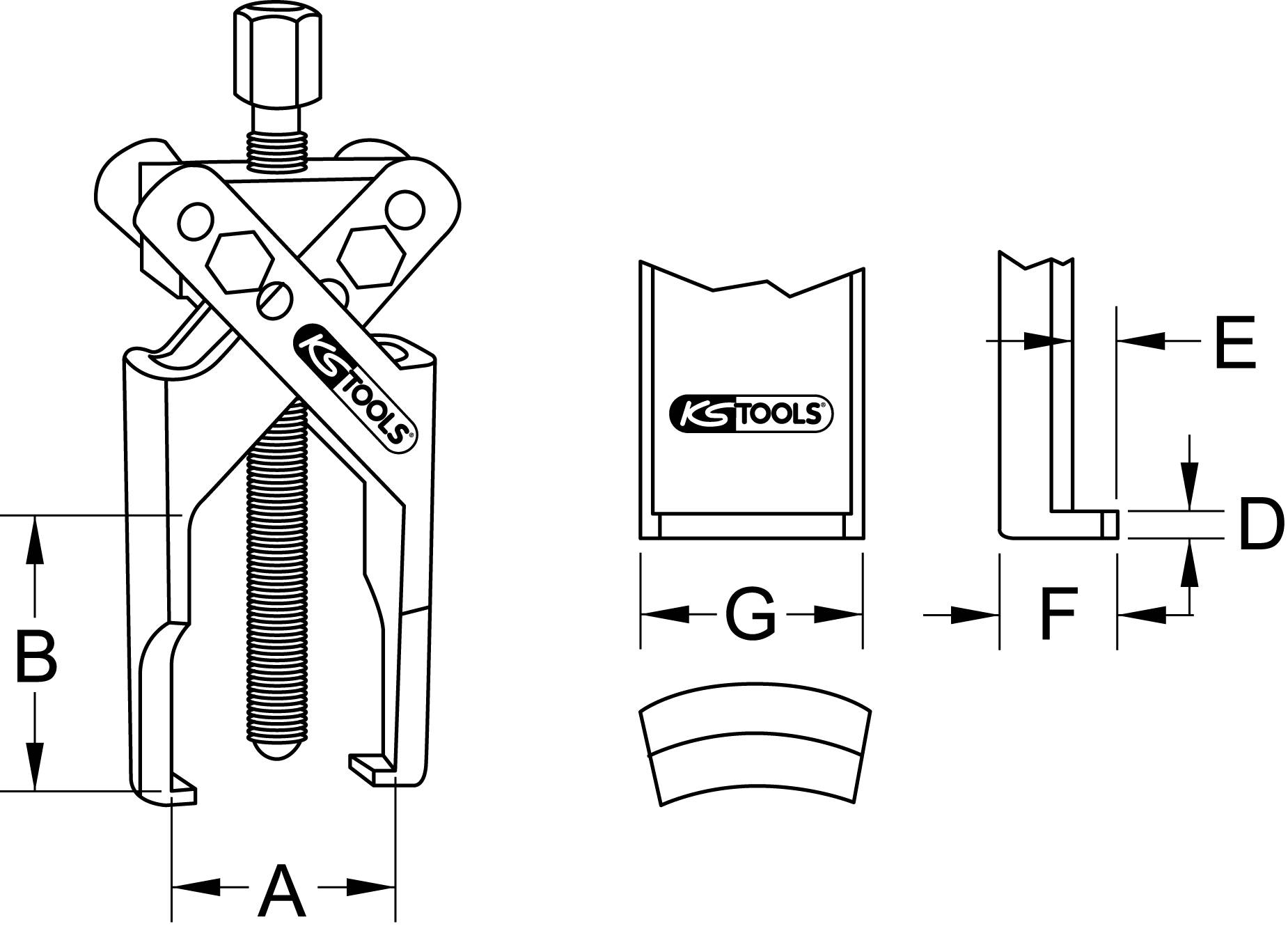 KS Tools Abzieher-Diagramm mit Maßen: A (Basisbreite), B (Höhe), D (Backenbreite), E (Armeinstellwinkel), F (Armlänge), G (Grifflänge).