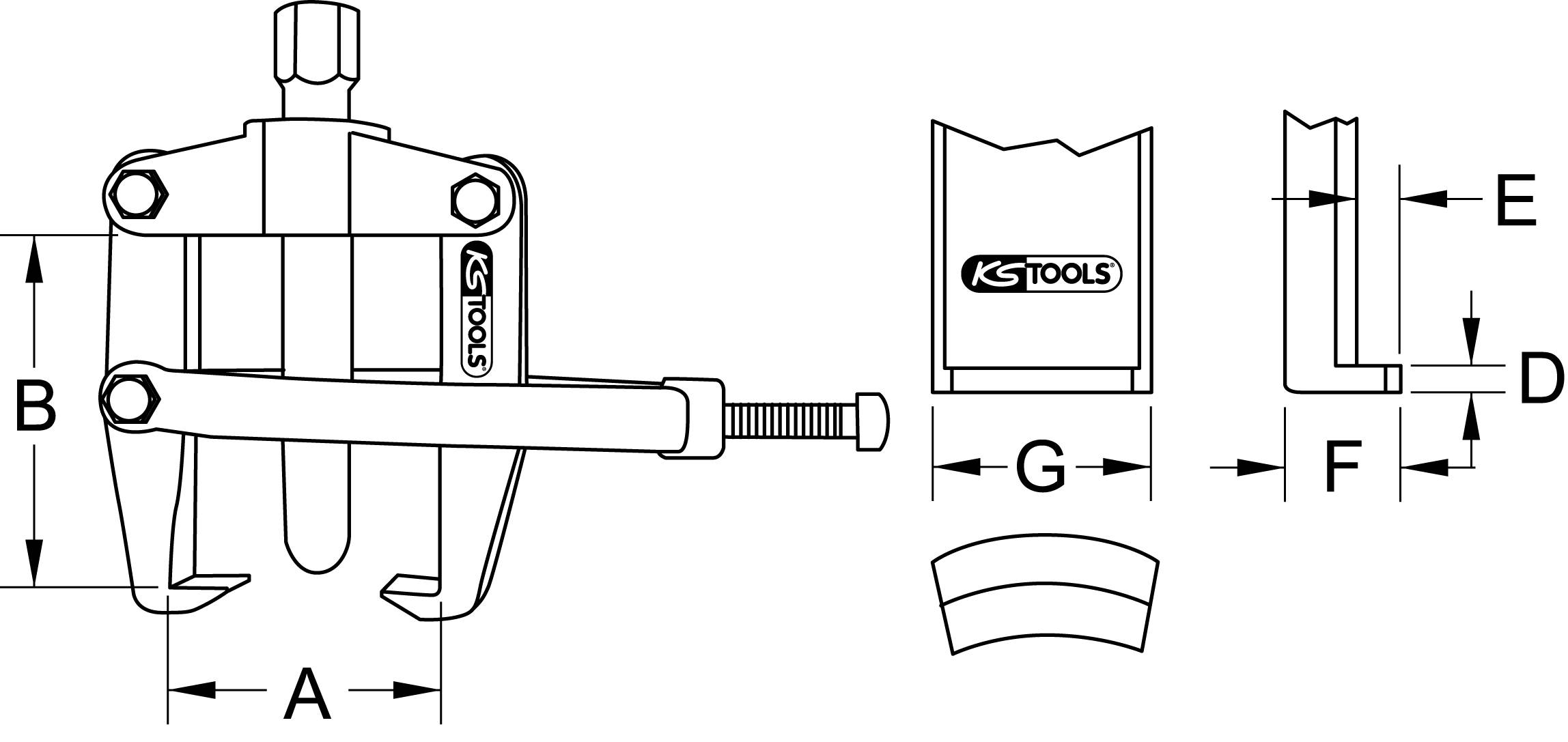 Schematik eines Abziehers mit Maßangaben A bis G, illustriert für mechanische Anwendung. Komponenten und Markenlogo sind sichtbar.