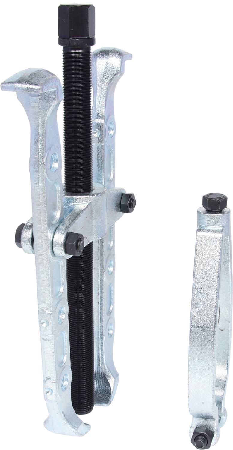 Zwei mechanische Abzieher aus Metall, einer stehend und einer liegend, verwendet für das Entfernen von Lagern oder Zahnrädern.