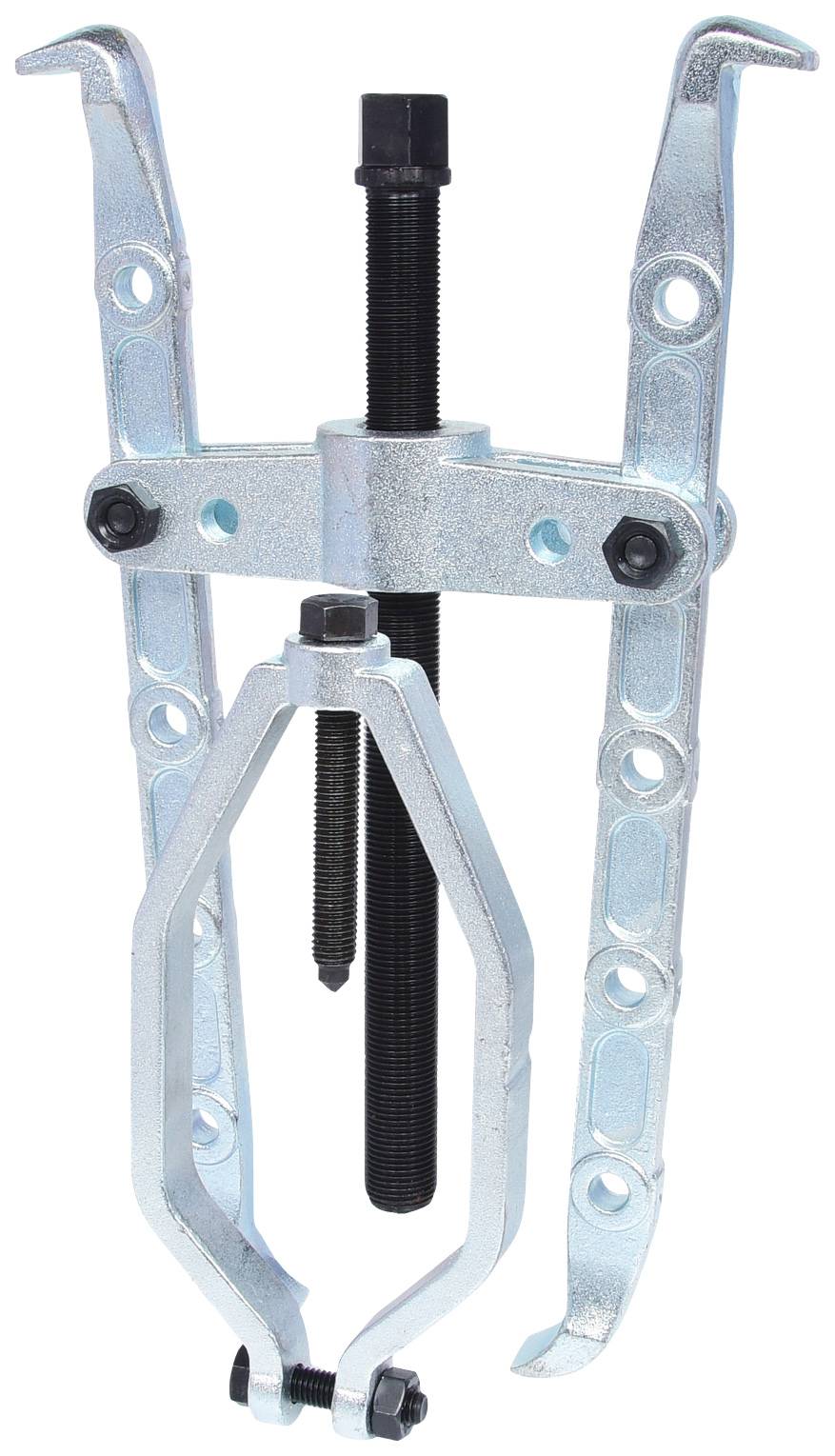 Abzieher aus Metall, mit drei Armen, schwarzer Spindel und Schrauben, zum Entfernen von Lagern oder Zahnrädern in mechanischen Anwendungen.