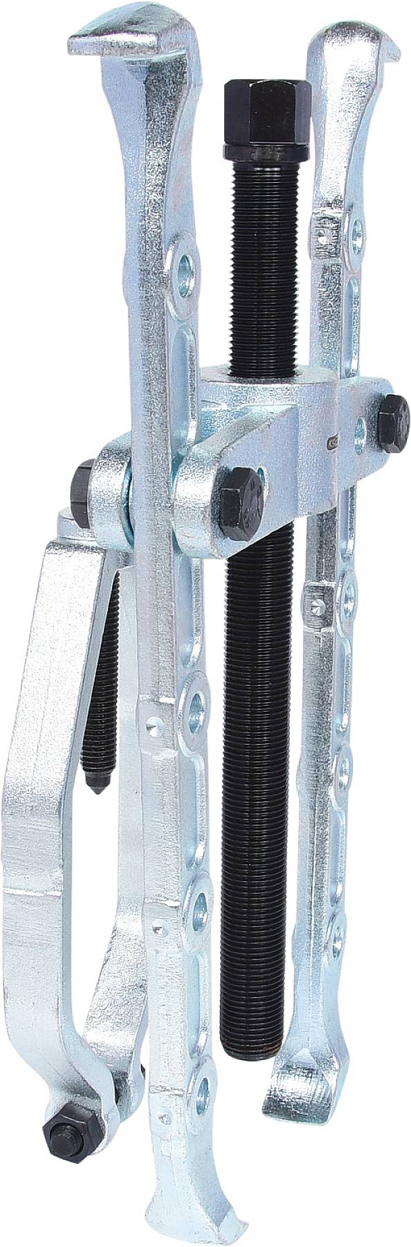 Ein verstellbarer Abzieher aus Metall mit drehbarer Schraube und drei Greifarmen, geeignet zum Entfernen von Lagern oder Zahnrädern.