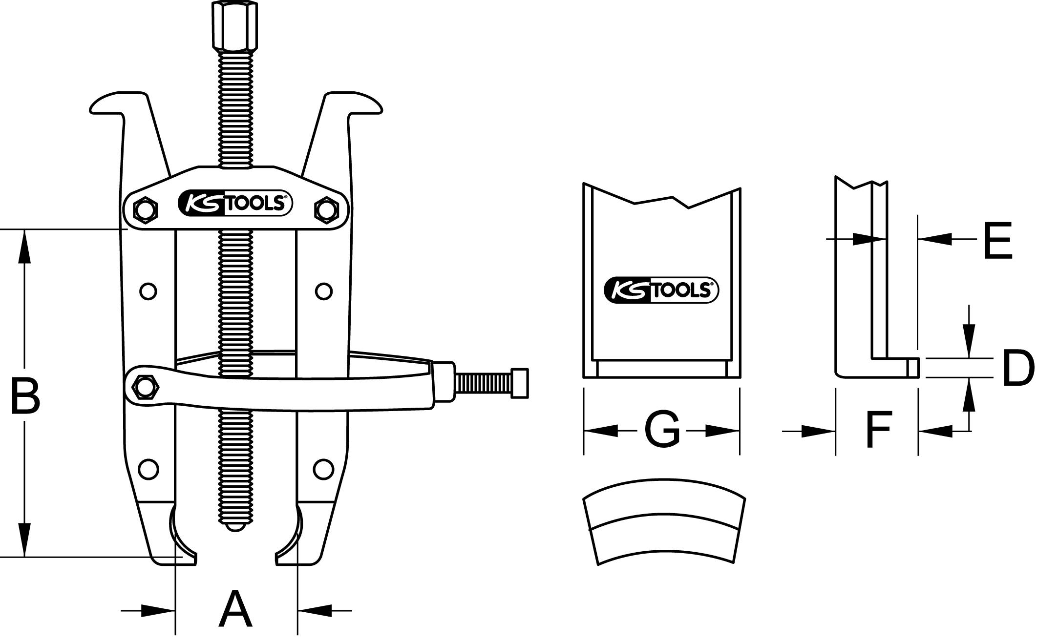 'KSTOOLS' Abzieher-Zeichnung, zeigt Maße: A, B, D, E, F, G. Werkzeugschema mit Details für technische Nutzung.